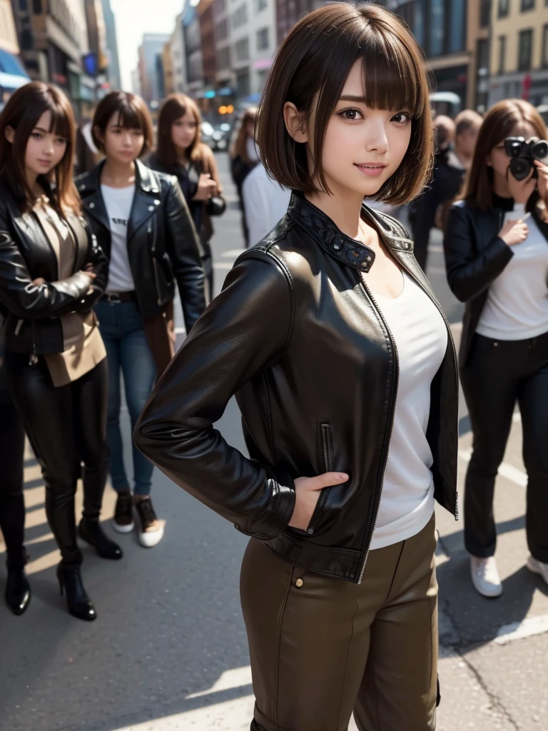 (8k, RAW Photos, highest quality, masterpiece:1.2), (Realistic, photo-Realistic:1.4), (Highly detailed 8k wallpaper), ((Full Body Shot)), (1 girl), Sharp focus, Depth of written boundary, Cinematic lighting, Soft Light, 緻密な美しさのeye, eye_Chan, Very beautiful girl, innocent big eyes, Realistic, photo Realistic, Highly detailed cute girl, (Thin thighs), (Model Body Type), 18-year-old, ((Black Leather Riders Jacket)), ((Khaki cargo long pants)), (((Fold your arms in front of your chest and act arrogantly))), ((A happy smile)), Parted lips, Watching the audience, (On the streets of New York) , (Brown Hair),(Short Bob Hair), (Asymmetrical bangs)