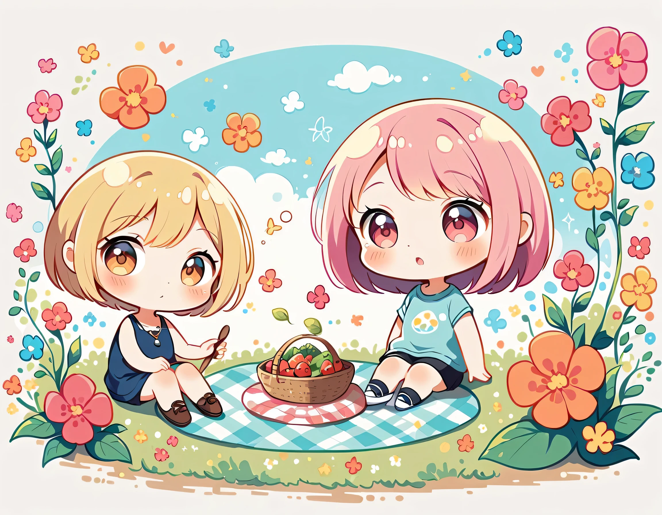 Hayao Miyazaki style, kawaii design,Dreams and Hopes,Simple Line Initialism,Abstract art,Urban Background, (((The most beautiful girl))), (((chibi))), picnic, colorful flowers, Colorful and cute pillbugs