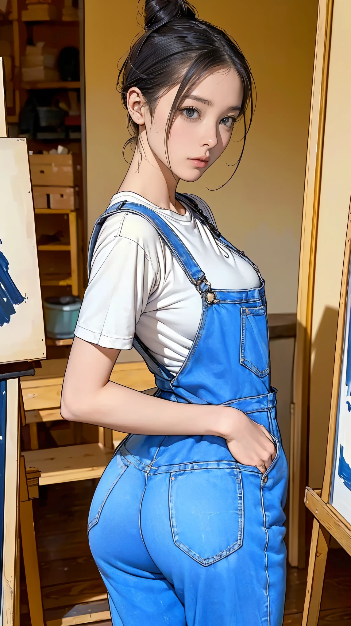 ((masterpiece)),(((highest quality))),((Reference Sheet, Character Design, front, return, ~ ~ side, Mr..々Hairstyle, Mr..々Performance, Facial Expressions)), , Cute type, (Very slim:1.4), (Very small ass:1.4), Realistic buttocks, Big Breasts, Short Bob, Thin thighs, Long legs, It's not a big deal, ((Beautiful artist in jeans overalls、After painting on a large canvas、Relax in the art studio。, sneakers, 19th century Parisian artists, Messy hair bun)), ((Browsing Caution:1.0))