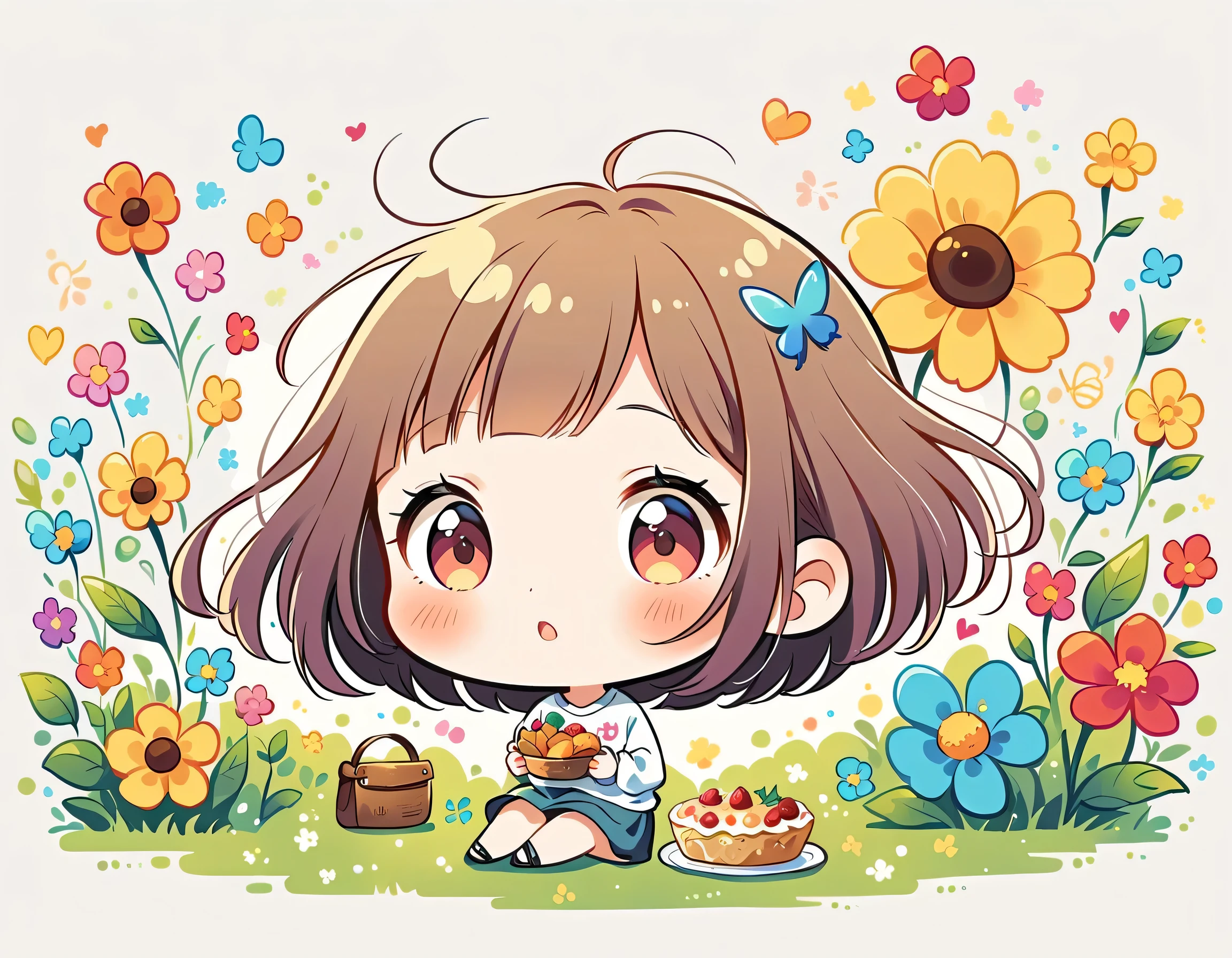 Hayao Miyazaki style, kawaii design，Dreams and Hopes，Simple Line Initialism，Abstract art，Urban Background, (((The most beautiful girl))), (((chibi))), picnic, colorful flowers, Colorful and cute pillbugs