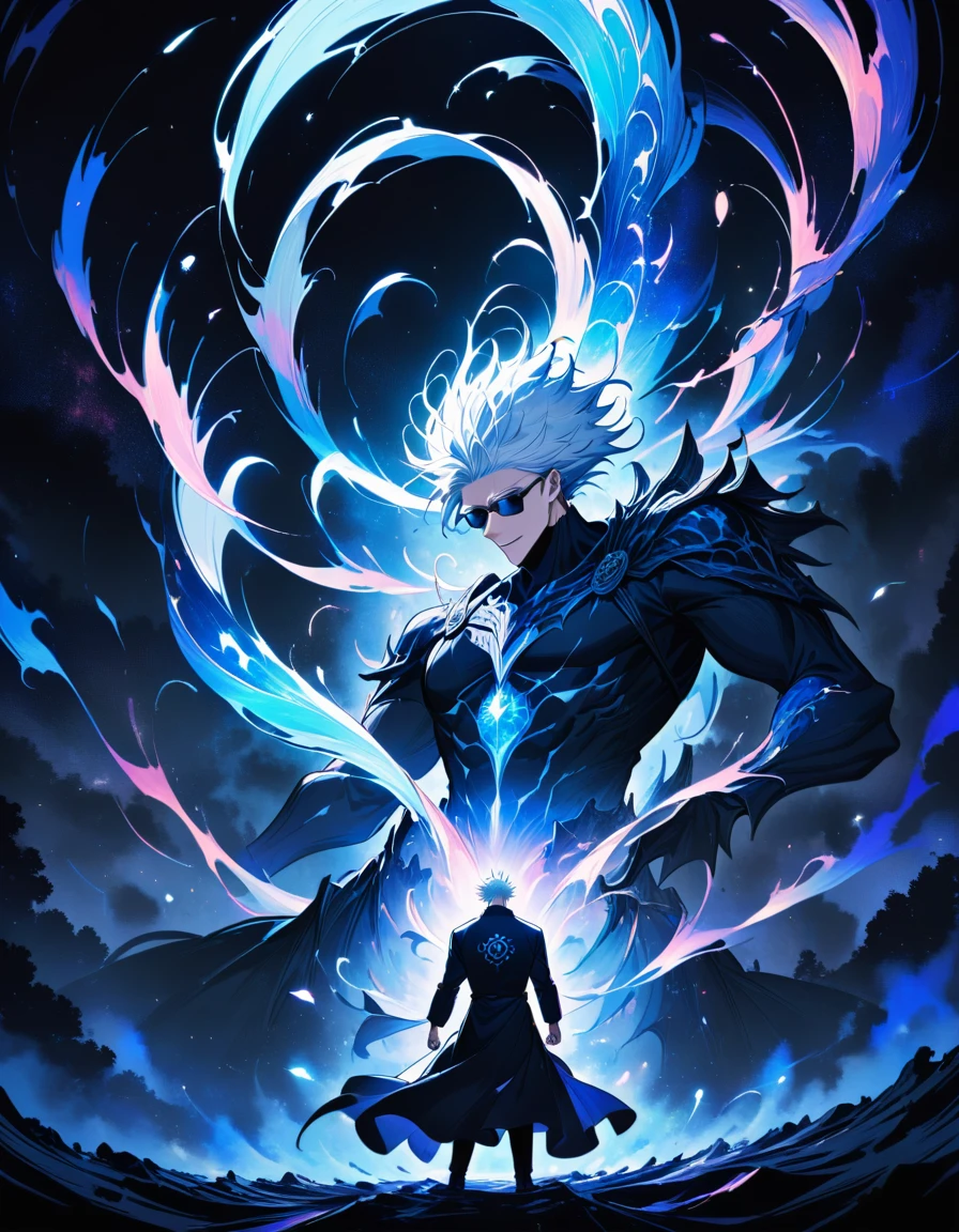 1male, satoru gojo,jujutsu kaisen,Create an image of Satoru Gojo from the manga and anime 'Jujutsu Kaisen' by Gege Akutami, capturing one of his iconic scenes.
Gojo is a tall, slender man with white hair, usually wearing a black blindfold or sunglasses. Depict the moment when he unleashes his powerful technique
'Infinite Void' (Infinite Emptiness). Show him removing his blindfold, revealing his mesmerizing blue eyes, and surrounded by a dazzling display of energy and light. His expression should be intense and confident, exuding his unparalleled strength. The background can be a dark, swirling void or a dramatic battle scene, emphasizing the overwhelming power of his technique. Include special effects like radiant blue auras, energy waves, and intricate patterns to convey the mystical and formidable nature of his ability., Midori Ishida's painting style, Intricate details, Detailed depiction of hair, Use black and white as your main colors, Decadent, artwork, Perfect Anatomy, Anatomically correct,, Dynamically, nice, wonderful, Dark fantasy, Light and Darkness,