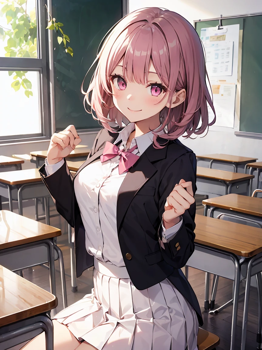 In one girl、fun、High school blazer with popular design、white shirt、pleated skirt、white skirt、(small breasts ) in classroom, dark pink short hair, pink eyes, smiling, white skirt