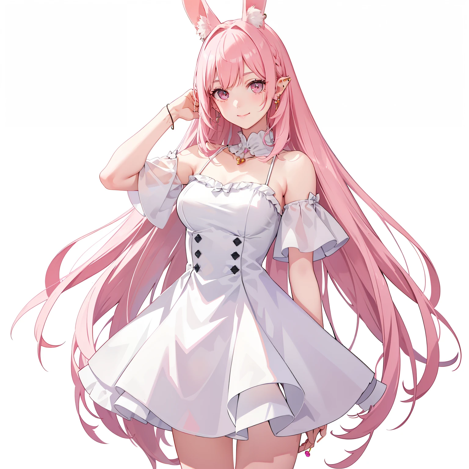 1 Girl、a smile、Delightful! Wearing rabbit ears,Lop-eared rabbit,(masterpiece, best quality, 1 Girl, Solitary, Fine details, Chromatic Aberration), realistically, ((Moderate breathing)), Short and delicate hair, Pink Hair, Pink Highlight, hair above one eye, black eyes, ear nipple ring, Sharp eyes,Necklace,White clothing,White Dress,skirt(Symmetrical eyes),(Perfectly symmetrical body),front,Huge ,Upper part of the body,Do not cover your head,Fair skin,Good looking girl,Modeling the face,Real People,Realistic Effects
