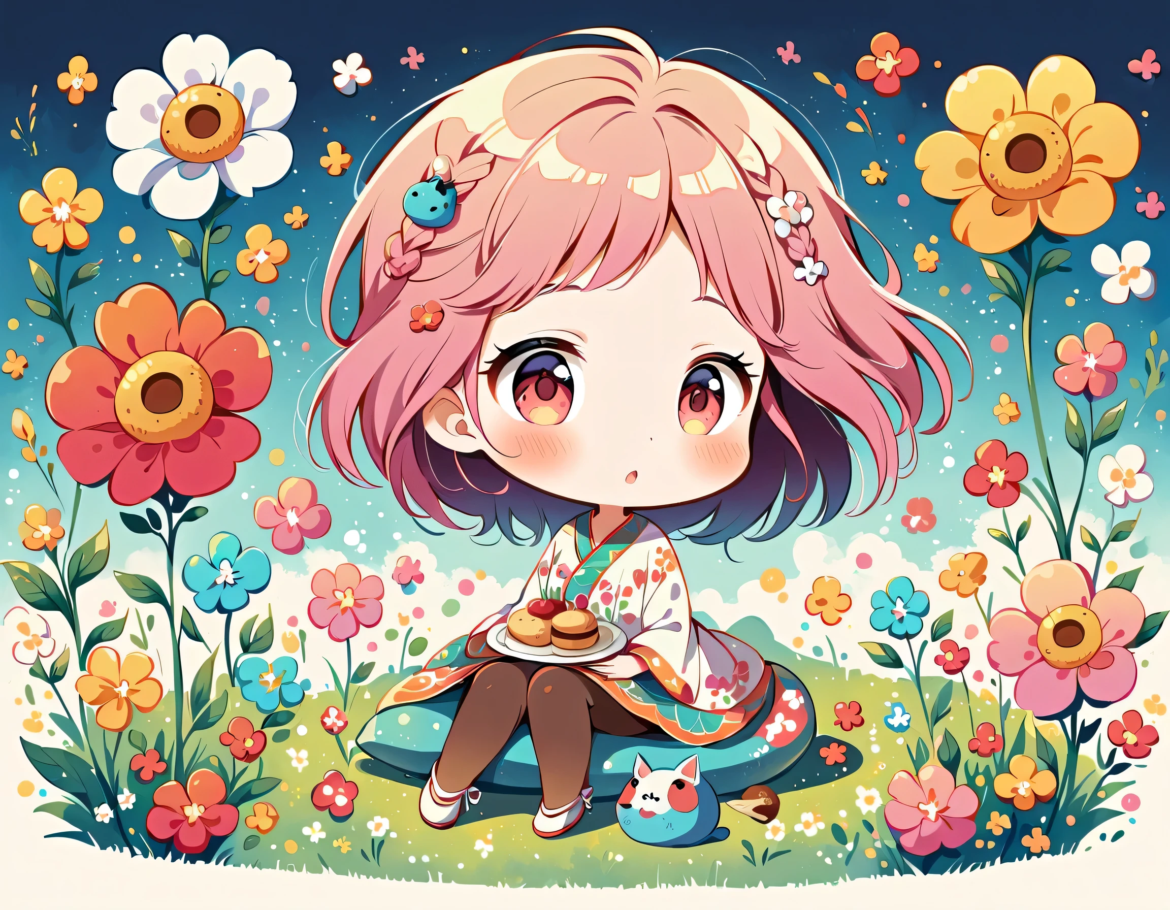 Hayao Miyazaki style, kawaii design,Dreams and Hopes,Simple Line Initialism,Abstract art,Urban Background, (((The most beautiful girl))), (((chibi))), picnic, colorful flowers, Colorful and cute pillbugs, dream and hoops