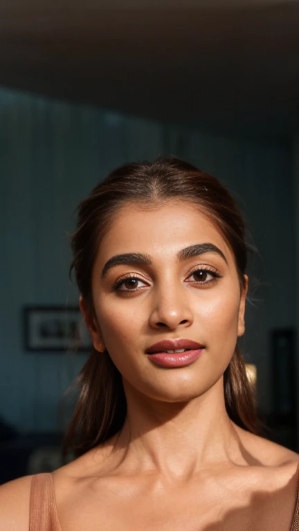 Selfie style,Half-body close up portrait of Pooja hegde, poojah posing for naturally at home, with a seductive smile and a confident gaze directly at the camera. Her juicy lips are slightly parted, and her curvy figure are accentuated by a form-fitting bralette navel is exposed, adding to the sensuality of the image. The lighting cool and flattering, with a hint of a blue glow, 70-200mm lens, f/4, eye-level shot, hyper-realistic, ultra-detailed, high-dynamic-range, perfect lighting, flawless skin,messy middle class bedroom background