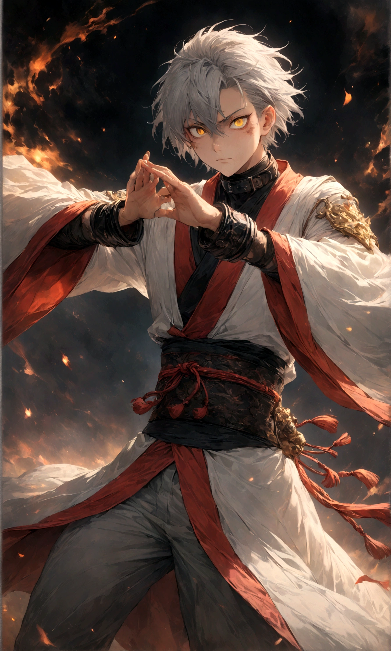 (1 male,Gabimaru,Androgynous Short Hair,Gray Hair,White Ninja Costume,Gamimaru is a slim androgynous man,beautiful,Apathy,Droopy eyes,Yellow Eyes),Midori Ishida's painting style,Moderately dirty,Intricate details,,Decadent,artwork,rendering,(masterpiece:1.3),(highest quality:1.4),(Very detailed:1.5),High resolution,Very detailed,unity 8k wallpaper,Dark fantasy,Glare,Fighting Style,break,The ninja costume worn by Gamimaru is white..,Black collar and cuffs.