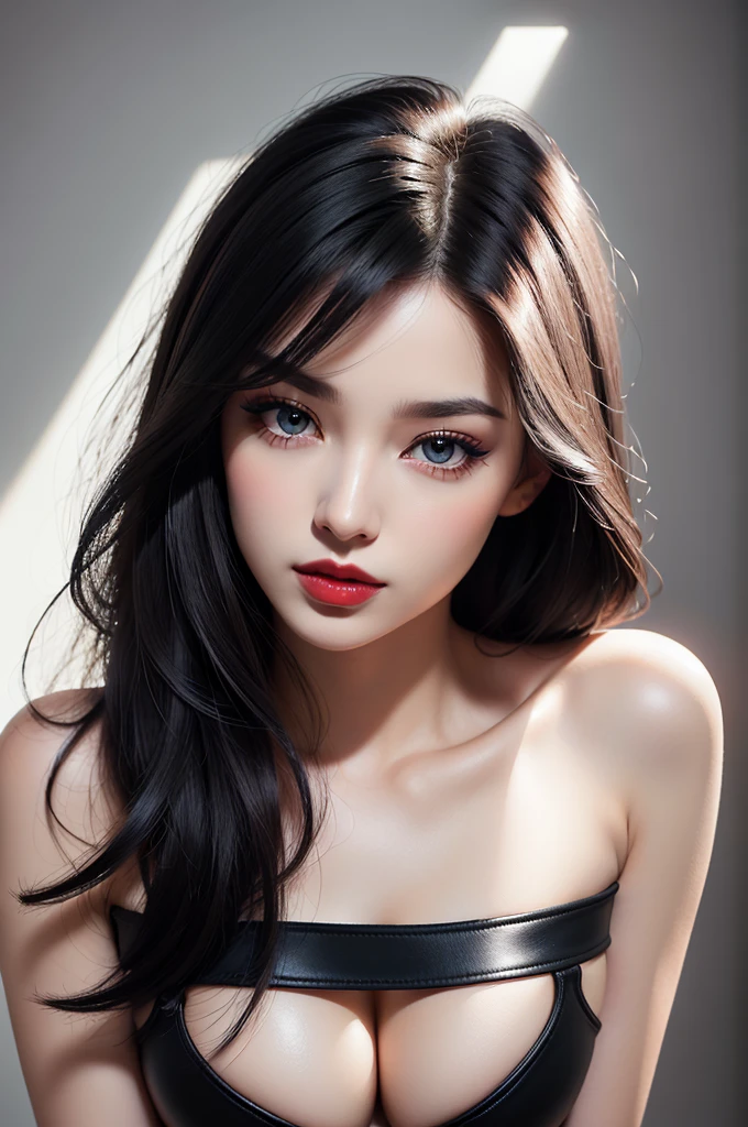((Make your subject look three-dimensional with the contrast of light and shadow)), Realism, Realistic, (Ultra details realistic velvety clean and smooth skin, ultra quality), ((best high quality realistic texture hair)), Photorealistic ((portrait)) a cute 1model:1.4 24yo, (close up of her face:1.1), dslr, best high quality soft lighting, sharp focus captured by Fujifilm XT3, f 5.6, in a dramatic lighting, (beautiful slim and sharp face), ((Hyper absurd details of realistic perfectly round brown_eyes:1.3 in hyper absurd quality and resolution)), (light pale complexion), ((Hyper-realistic sharp eyes, clear absurd quality, not blurry)), ((finely detailed pupils:1.4)), (Perfekt makeup:1.35), ((Hyper details symmetrical lips:1.3)), ((V-line jaw)), (light glossy red_lipstick:1.35), ((Ultra detailed realistic long_blue_eyelashes:1.25), Ultra absurd quality), ((perfect dark_eyeshadows:1.45)), (super Detailed, beautiful little nose:1.2), (perfect composition), ((pale skin:1.28)), ((dry skin)), ((she wears Tube top outfits, Simple ((black tops, Black tube top outfit), extremely detailed details)), the latest fashion trend of this summer),