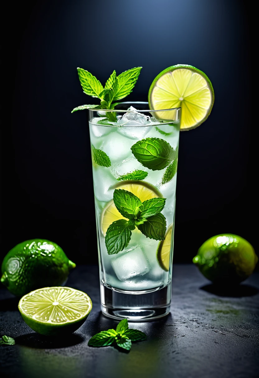 There is a glass of mahito on the table, with lime and mint, on a dark background, high quality image, drink, three quarter height, medium shot, close quarters, very realistic
