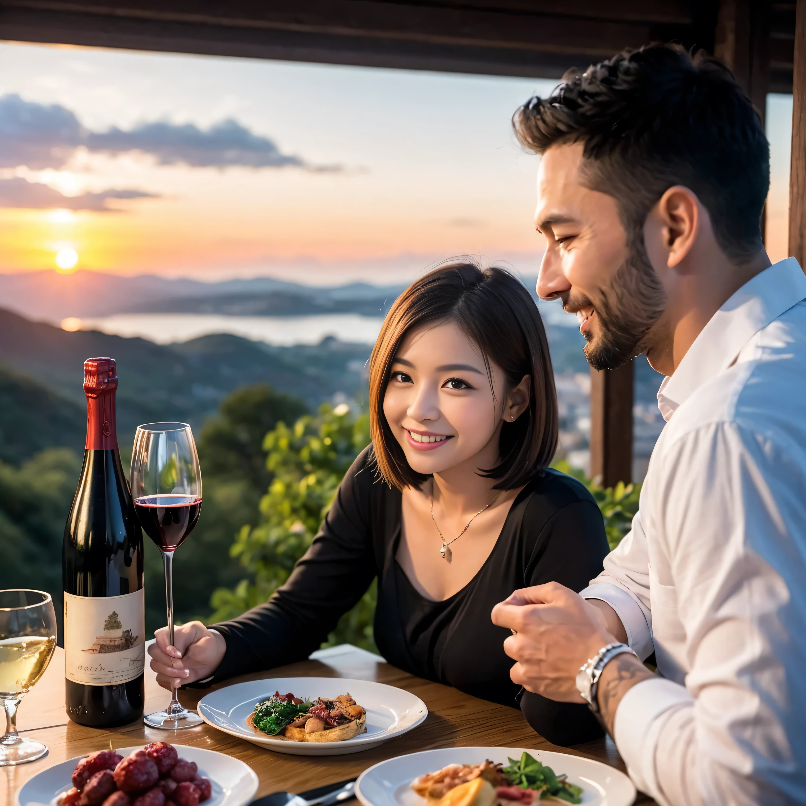 ((highest quality、8k、masterpiece:1.3))、 (Realistic, Real、Bright image、Intricate details:1.2), 1 male 1 female、A beautiful couple who look like Alice Hirose、lover、couple、spouse、Beautiful couple、Happy smile、full-course dinner、 (Slim face), (Slim Body), (Brown Hair), (Short Hair), Wine glass on the table、Please put light on my face、 Amazing view of the sunset sky and clouds、 (Age 35), 39 years old, red wine 、Appetizers、Wine bottle、sparkling wine、Long sleeve shirt、dress、White wine, red wine, wine glass, 