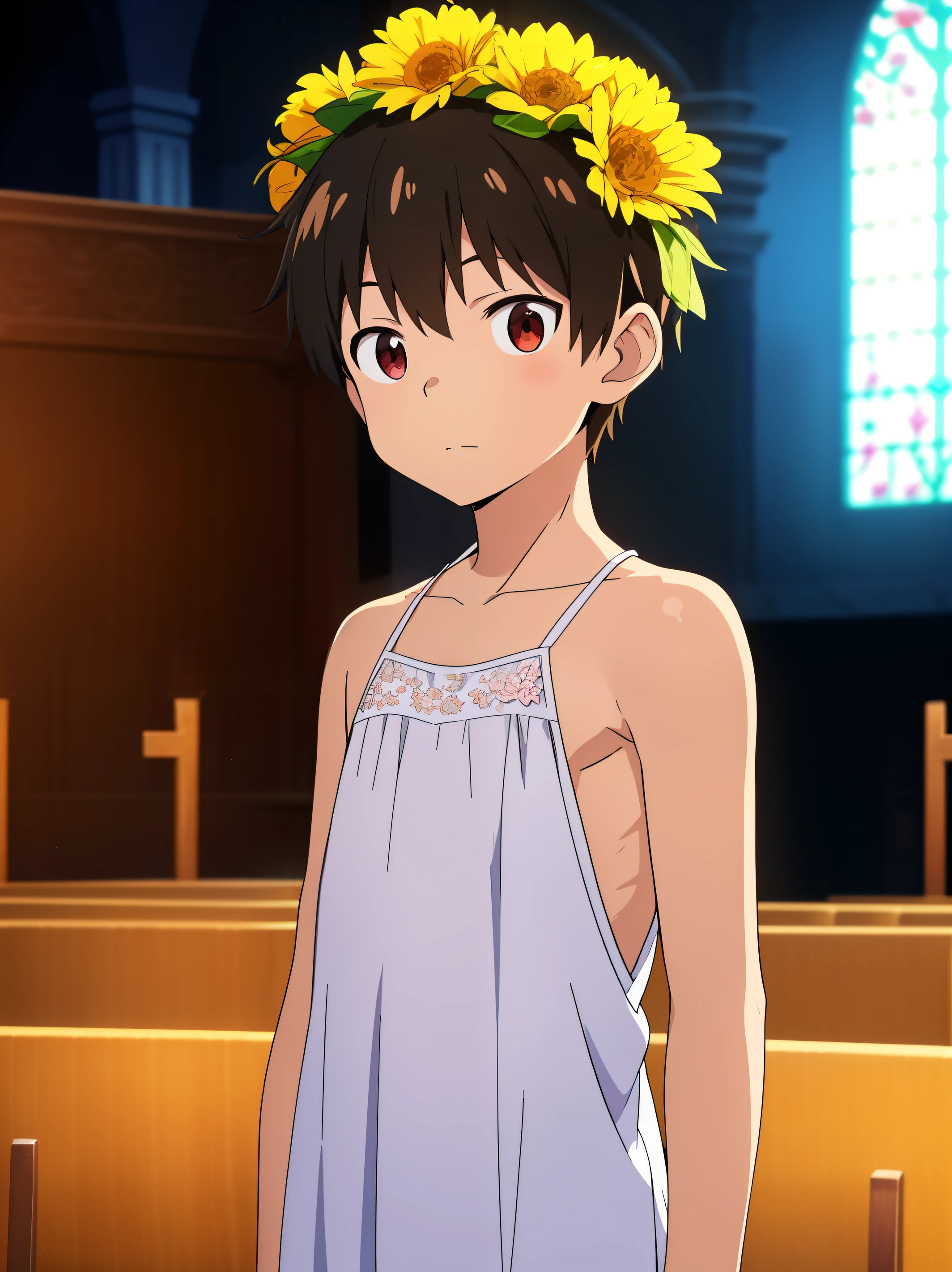 Anime style, Highres, Masterpiece, Best quality at best,High-quality illustrations, Best Quality,hight quality, hight detailed, Depth field, Anime screencap style, 1boy,, Shota, Solo person, Inside a church, Style of wedd00ing, Halter dress, Bare shoulder, Transparent veil covering head, Flowers on head, Fluffy hair, Handsome boy, Cheerful boy, Body, Seen from front, boy focus, Uhd, 4k