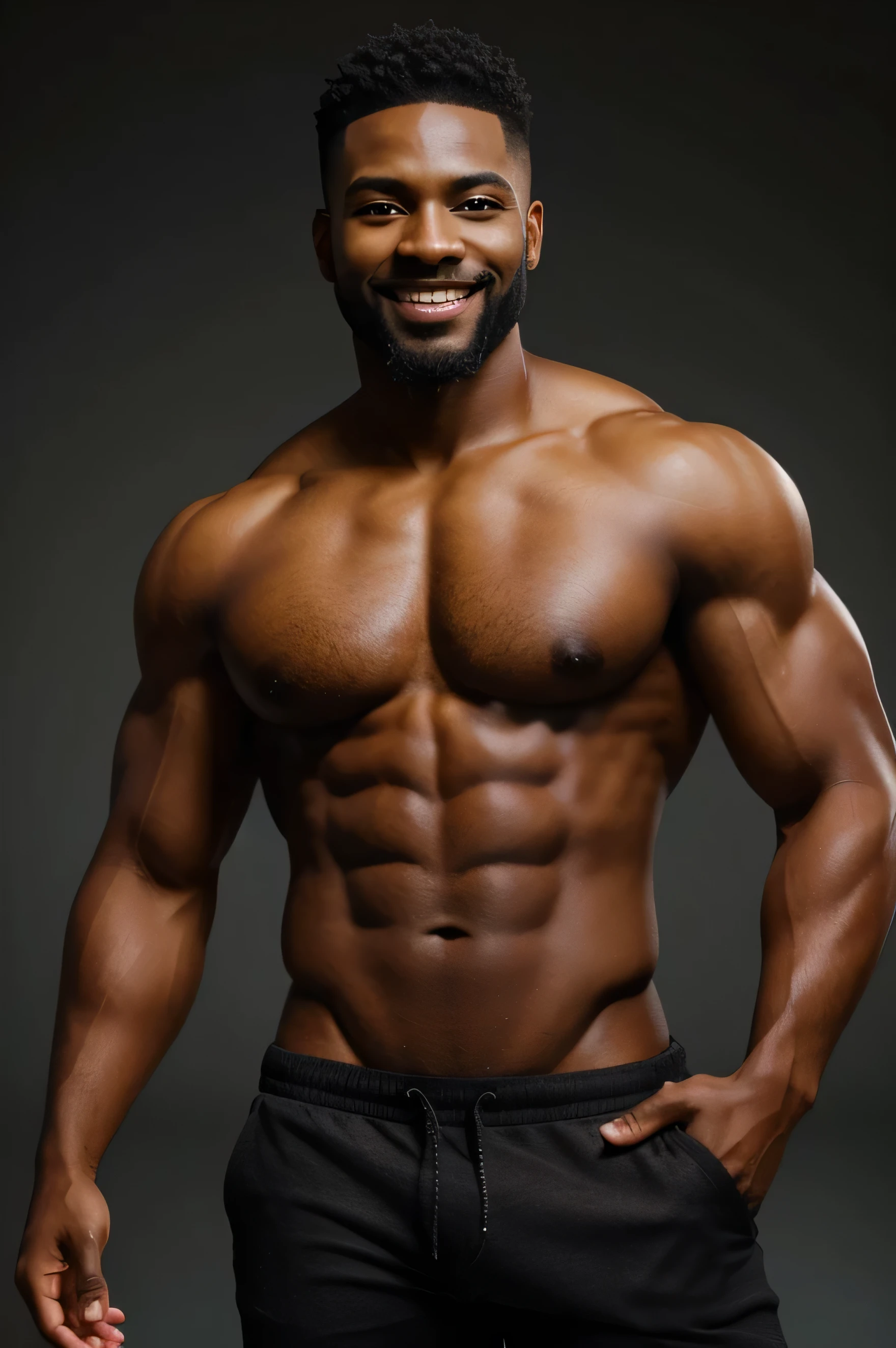 a beautiful black man, muscular body, full body portrait, smiling, short black hair, small beard, realistic, photorealistic, 8k, high resolution, best quality, masterpiece, hyper detailed, vibrant colors, stunning