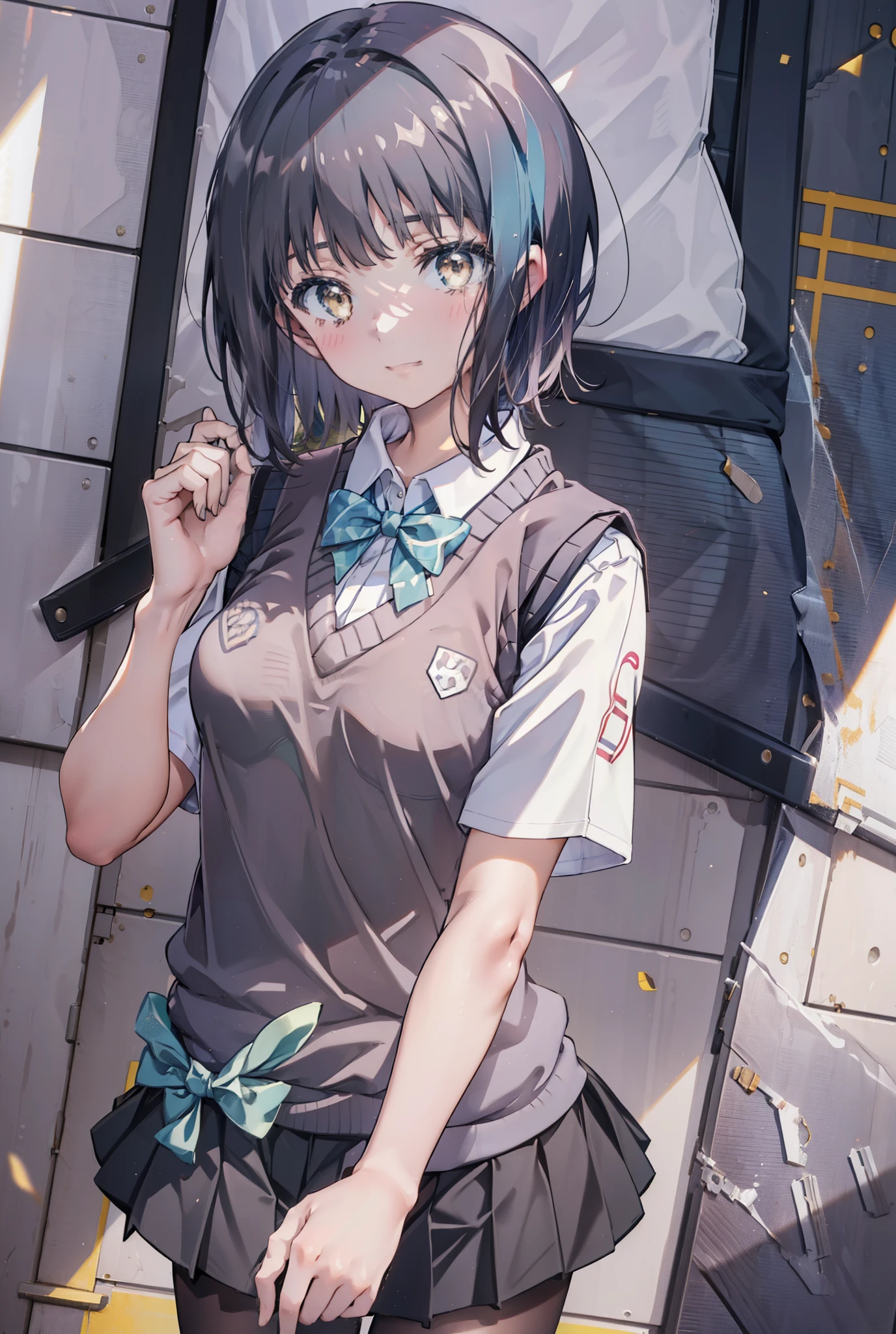 masterpiece, highest quality, Confused, Perfect Anatomy, 1 girl, alone, Itsuwa,short hair,Black Hair,Brown eyes,smile,blush,Open your mouth,Happy atmosphere,break skirt, shirt, bow, ribbon, , white shirt, Short sleeve, Pleated skirt, collared shirt, mini skirt, bowtie, 黒いloafers , Black Skirt, Black pantyhose, loafers, green bow, whole bodyがイラストに入るように, (blue sweater vest:1.5),evening,Sunset,The sun is setting,walking,break outdoors, Building district,
break looking at viewer, whole body,
break (masterpiece:1.2), highest quality, High resolution, unity 8k wallpaper, (figure:0.8), (Beautiful fine details:1.6), Highly detailed face, Perfect lighting, Highly detailed CG, (Perfect hands, Perfect Anatomy),