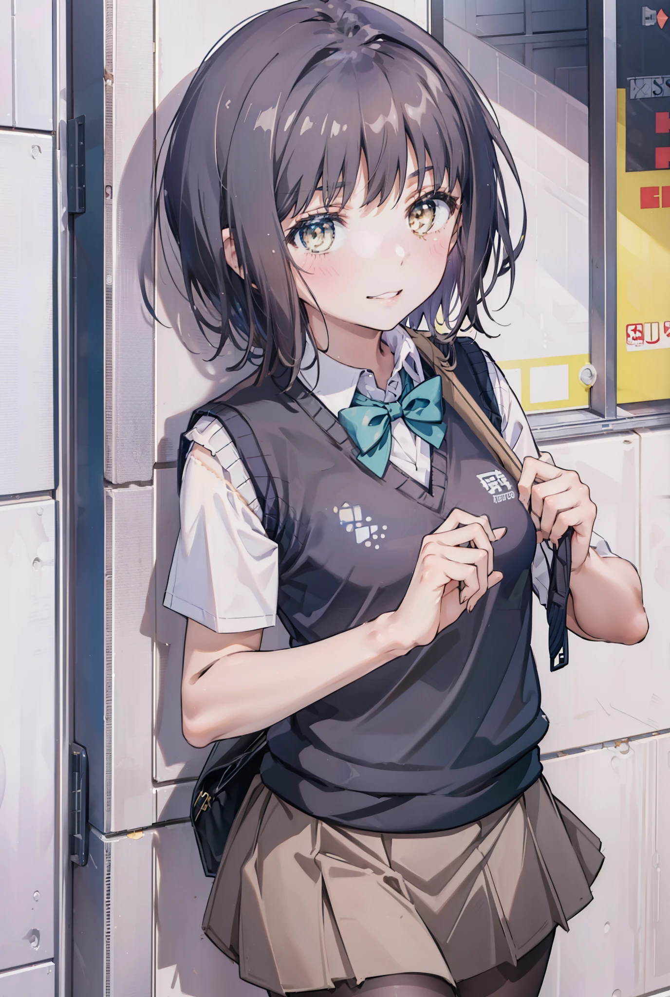 masterpiece, highest quality, Confused, Perfect Anatomy, 1 girl, alone, Itsuwa,short hair,Black Hair,Brown eyes,smile,blush,Open your mouth,Happy atmosphere,break skirt, shirt, bow, ribbon, , white shirt, Short sleeve, Pleated skirt, collared shirt, mini skirt, bowtie, 黒いloafers , Black Skirt, Black pantyhose, loafers, green bow, whole bodyがイラストに入るように, (blue sweater vest:1.5),evening,Sunset,The sun is setting,walking,break outdoors, Building district,
break looking at viewer, whole body,
break (masterpiece:1.2), highest quality, High resolution, unity 8k wallpaper, (figure:0.8), (Beautiful fine details:1.6), Highly detailed face, Perfect lighting, Highly detailed CG, (Perfect hands, Perfect Anatomy),