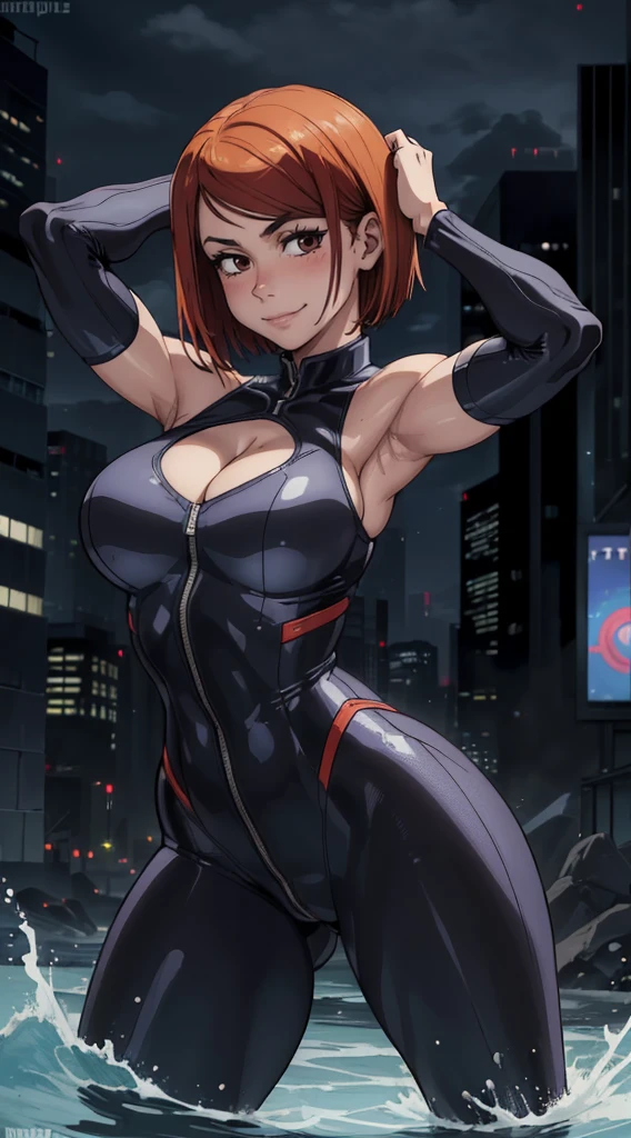 (melhor qualidade:1.3), (qualidade 4K), Nobara Kugisaki by jujutsu no kaisen, ((detailed face)),((smile)), ((curvy body)), (peitos grandes), sexy, (( cut hair)), ((body suit clivagem, sleeveless)), ((city)), arms up, armpits visible, cleavage