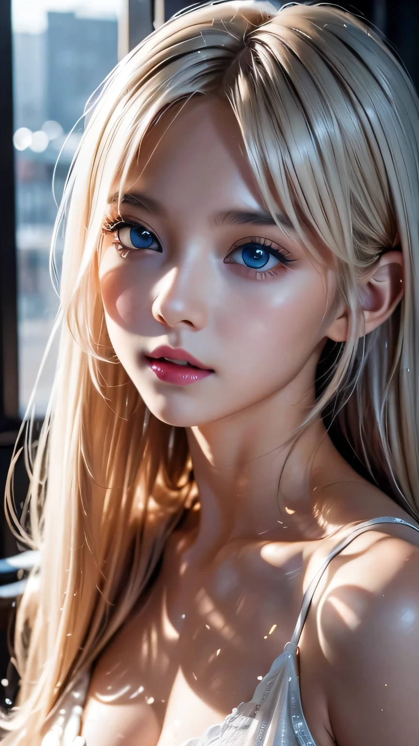 Platinum blonde fine hair、Long Straight Hair、Face and eye bangs、Big blue eyes、Transparent white and wet nightgown、Nordic youth、Perfect body、White Muscle、Shiny skin、Young and beautiful skin、Perfect beautiful little face、Bright makeup、Pale pink lips、Bright expression、1. 16-year-old girl、Buttonless shirt、lipstick、Deceptive advertising、{steams}、Viewer Vision、Golden Hour Lighting、Bokeh Atmosphere Perspective、detailed、Movie Light、Intricate details、High resolution、Detailed features of the face design、detailed、Clear Focus、Smoothness、aesthetics、printing、Octane、masterpiece、{{}}