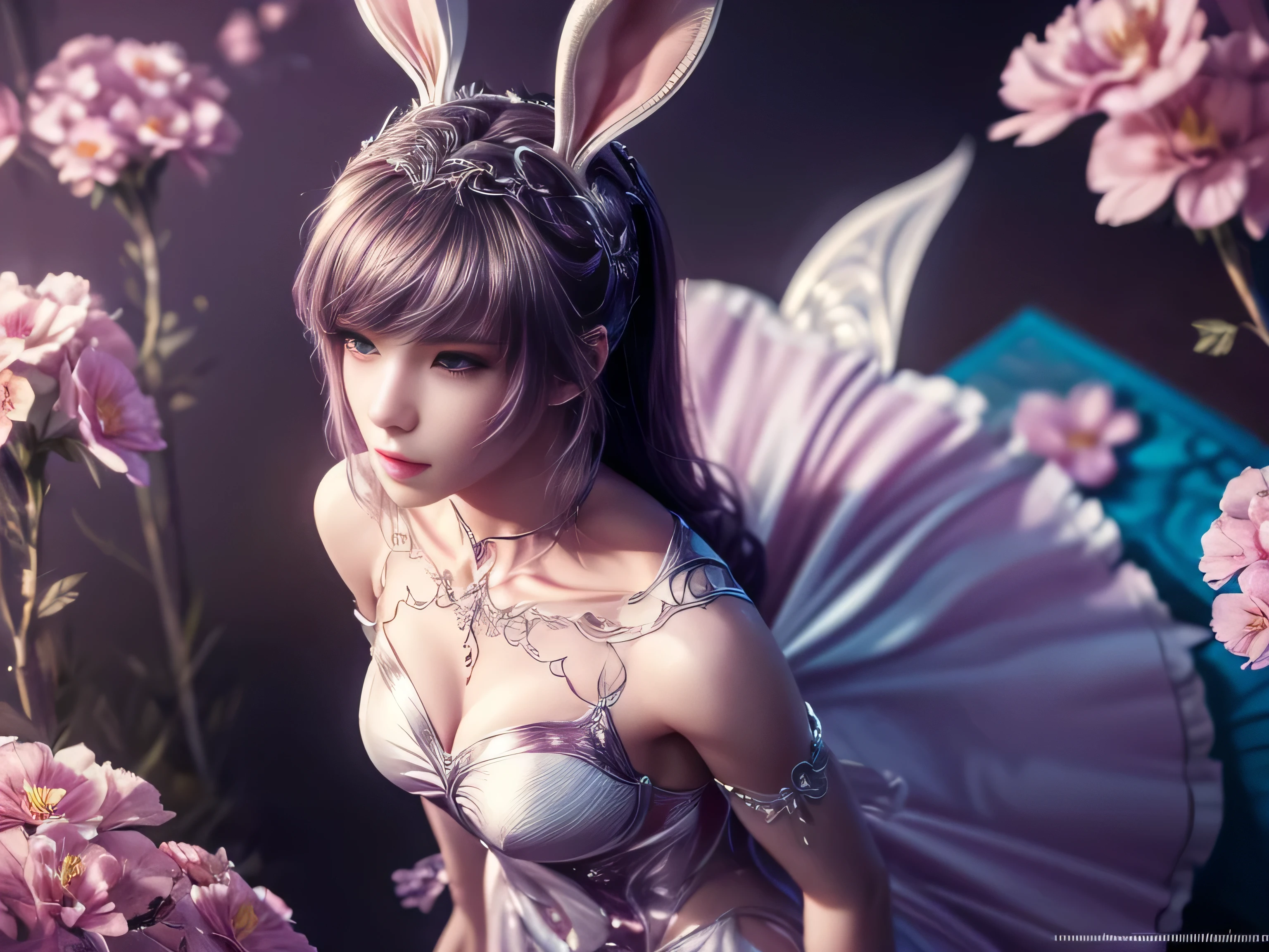 (Best Quality, 8K, Masterpiece, HDR, Soft Lighting, Picture Perfect, Realistic, Vivid), Bunny Girl (1.0), Bunny Girl with Pink Hair and Sexy Skimpy Clothes, pink bodysuit with glitter texture, Beautiful anime fantasy, Very beautiful and cute bunny girl, rain of pink flower petals, background blur, anime fantasy, work in Gouves style, realistic: 1.37, top view, lying in pink flowers, horizontal view, (Ultra High Quality Fantasy Art), Masterpiece, Female Model, Ultra High Quality Female Character Designs, Detailed 8k Anime Art, Realistic Anime Art, Highest Quality Wallpapers, Intricate Ultra High Quality Accurate Female Characters Faces, High Quality Designs and Accurate Physics (Fantasy- ultra-high quality art), dark fantasy style), masterpieces, super high quality characters, anime resolution - 8K, realistic anime art, wallpapers with the highest quality illustrations, ultra-high facial detail, high-quality design and accurate physics), color, depth of field, shadows, ray tracing, high quality workmanship. -high-quality computer wallpapers and 8K resolution, (Accurate simulation of the interaction of light and materials)], [High-quality hair detail [More about beautiful and shiny white hair]], (Beautifully detailed hands [perfect fingers [Perfect nails]]]]]], (perfect anatomy (perfect proportions)))) [[Full-length]], [Perfect combination of colors (Accurate imitation of the interaction of light and material)], [art that conveys the meaning of history]