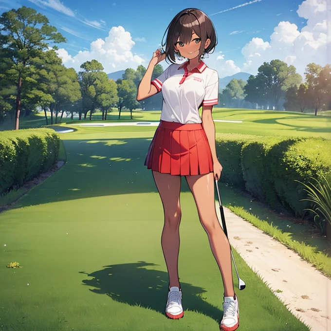 sound　high resolution　8k beauty　Woman playing golf　Golf course　Beautiful woman　short hair　Brown skin　Golf Wear　mini skirt　smile　　looking at the camera　Sunburn mark　Tears　victory