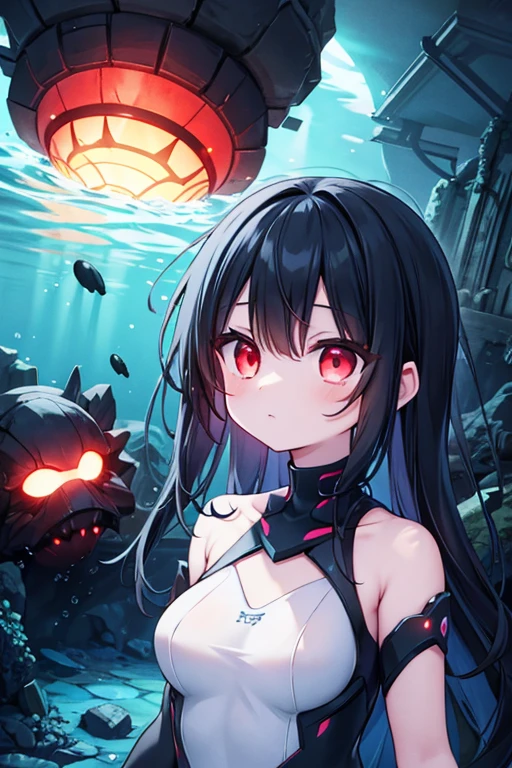 Abyss girl, underwater, depths, deep sea alien girl, cute, black hair, glowing red eyes, LED clothing, underwater ruins.