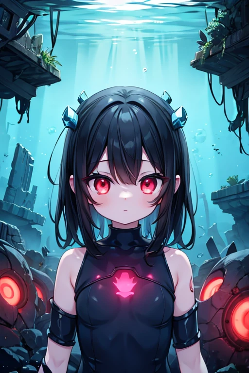 Abyss girl, underwater, depths, deep sea alien girl, cute, black hair, horns, glowing yellow eyes, LED clothing, underwater ruins.