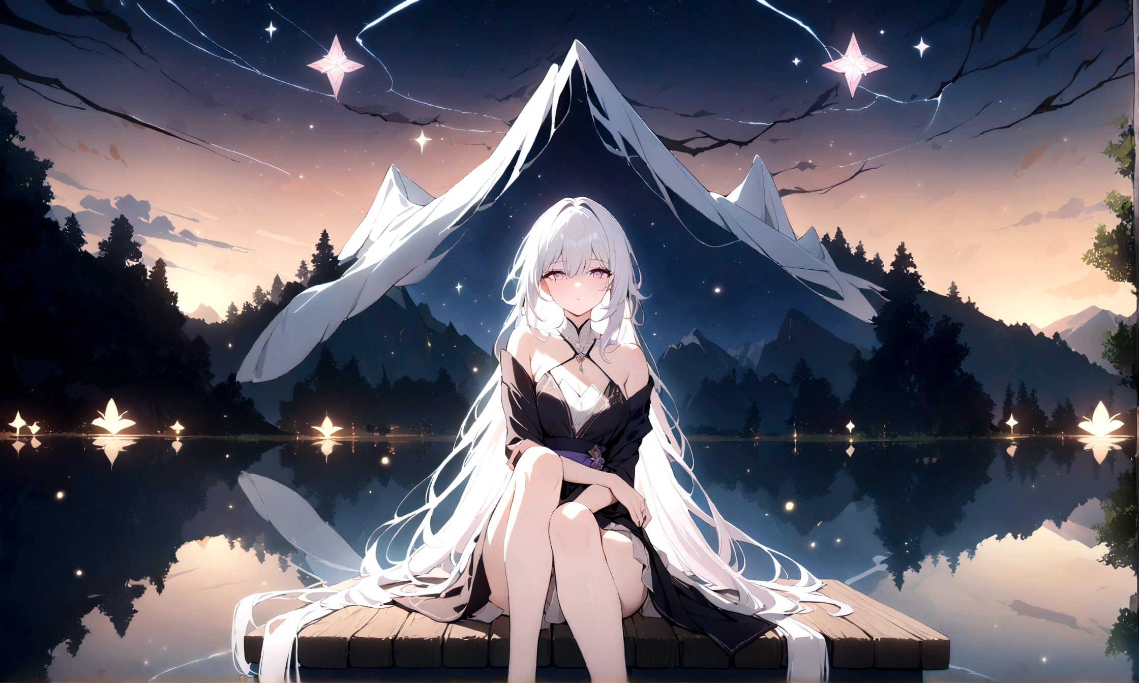 a beautiful girl, long flowing white hair, (purple eyes, *_*), black yukata, (sparkle, honkai star rail) sitting on the edge of a dock by a forest lake, gazing at the viewer with enticing eyes, fireflies starts glowing around her in the dusk, (best quality,4k,8k,highres,masterpiece:1.2)