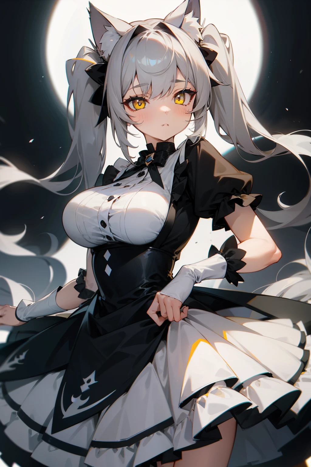 nsfw.Smile,aatomari, long hair, ahoge, twintails, hair bow, multicolored hair, rabbit ears, nsfw maid uniform, x hair ornament, thick eyebrows, choker, criss-cross halter, yellow necktie, bare shoulders, black gloves, frills, layered skirt, black skirt, single thighhigh,Beautiful and perfect legs, Clean and perfect hands,