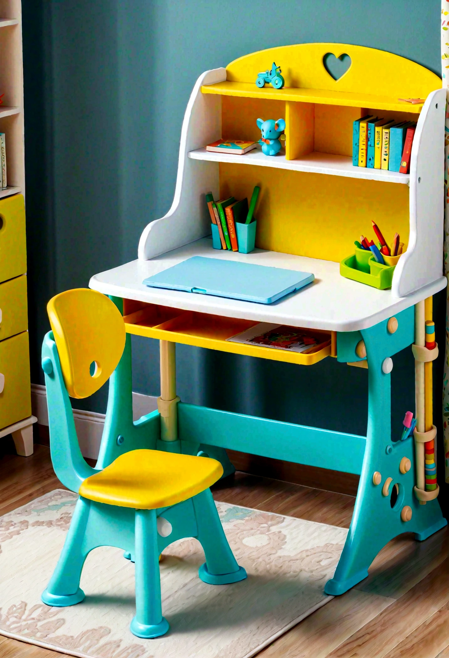There was a young girl sitting in a blue chair in the room, 3d product, studyng in bedroom, The complete theme is shown in the photo, pupils, product introduction photos, Gamine, product introduction photos, 2 d CG, Blue realistic 3D rendering, ergonomic, for children, Product rendering, rendering, jia, cartoonish style, tall, Large table, Handsome