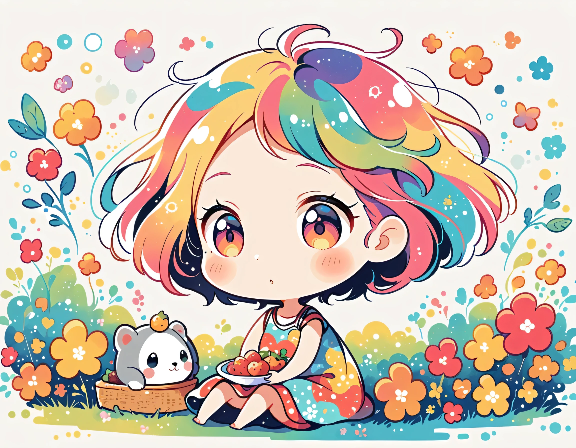 Hayao Miyazaki style, kawaii design,Dreams and Hopes,Simple Line Initialism,Abstract art,Urban Background, (((The most beautiful girl))), (((chibi))), picnic, colorful flowers, Colorful and cute animals,