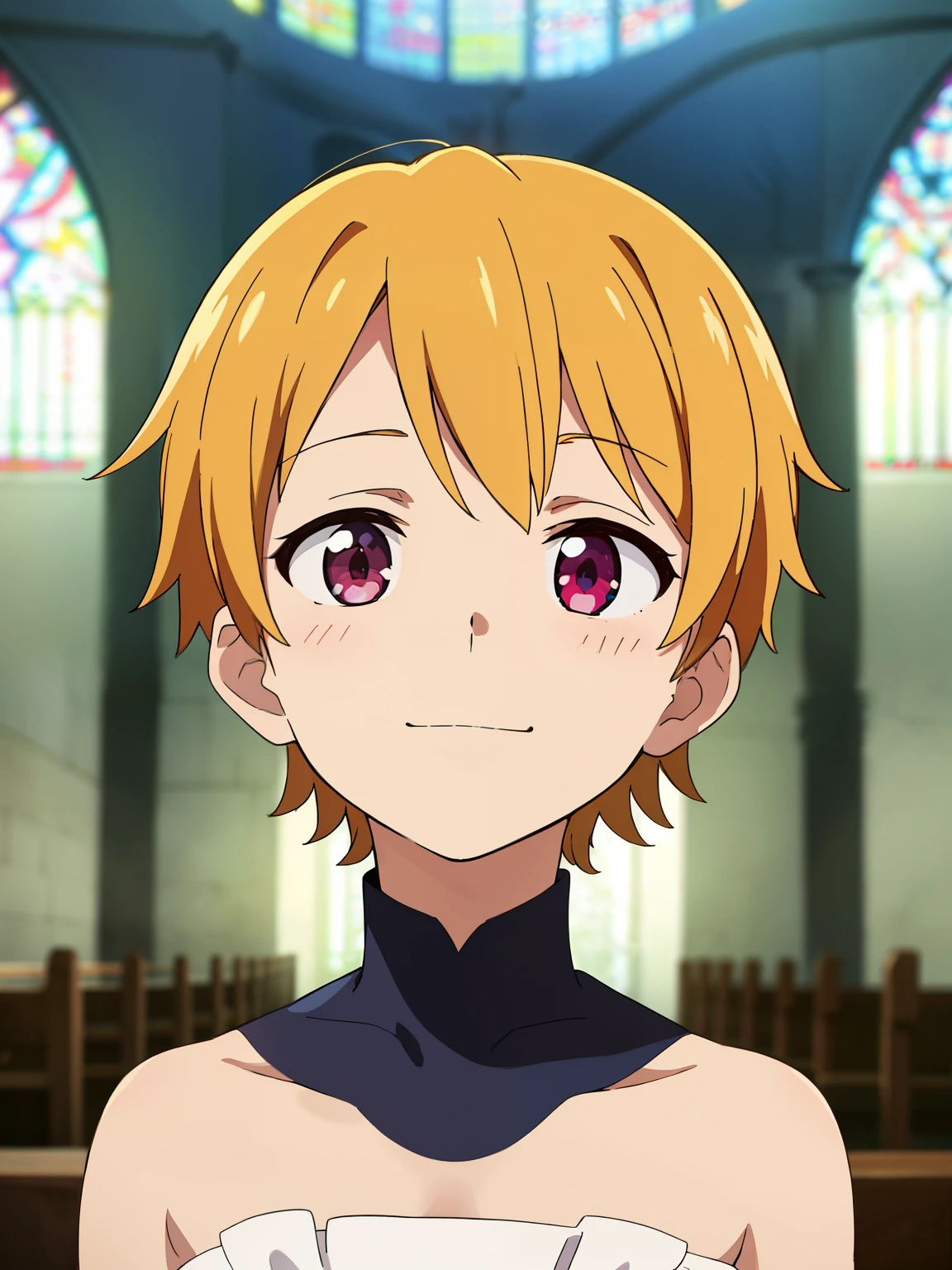 Anime style, Highres, Masterpiece, Best quality at best,High-quality illustrations, Best Quality,hight quality, hight detailed, Depth field, Anime screencap style, 1boy, Boy, Shota, Solo person, Inside a church, Style of wedd00ing, cute face, adorable boy, Handsome boy, Cheerful boy, Strapless dress, Body, Seen from front, boy focus, Uhd, 4k