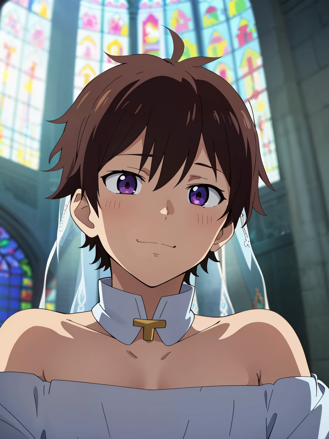 Anime style, Highres, Masterpiece, Best quality at best,High-quality illustrations, Best Quality,hight quality, hight detailed, Depth field, Anime screencap style, 1boy,**********, Shota, Solo person, Inside a church, Style of wedd00ing, cute face, adorable boy, Handsome boy, Cheerful boy, Strapless dress, Body, Seen from front, boy focus, Uhd, 4k