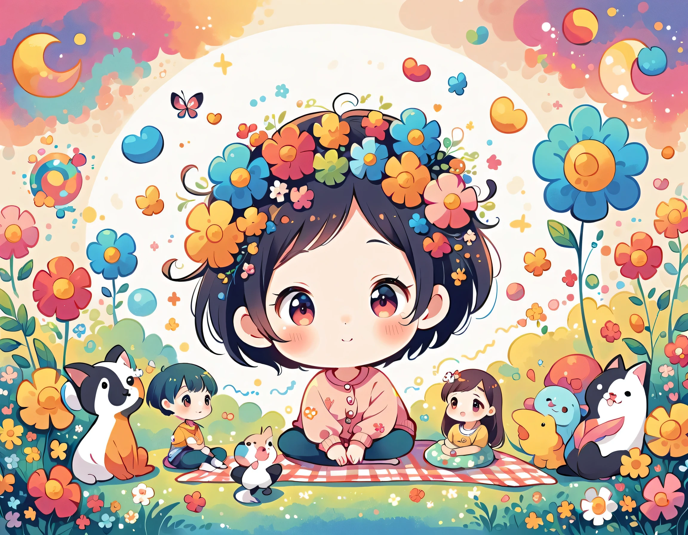 Hayao Miyazaki style, kawaii design，Dreams and Hopes，Simple Line Initialism，Abstract art，Urban Background, (((The most beautiful girl))), (((chibi))), picnic, colorful flowers, Colorful and cute animals,