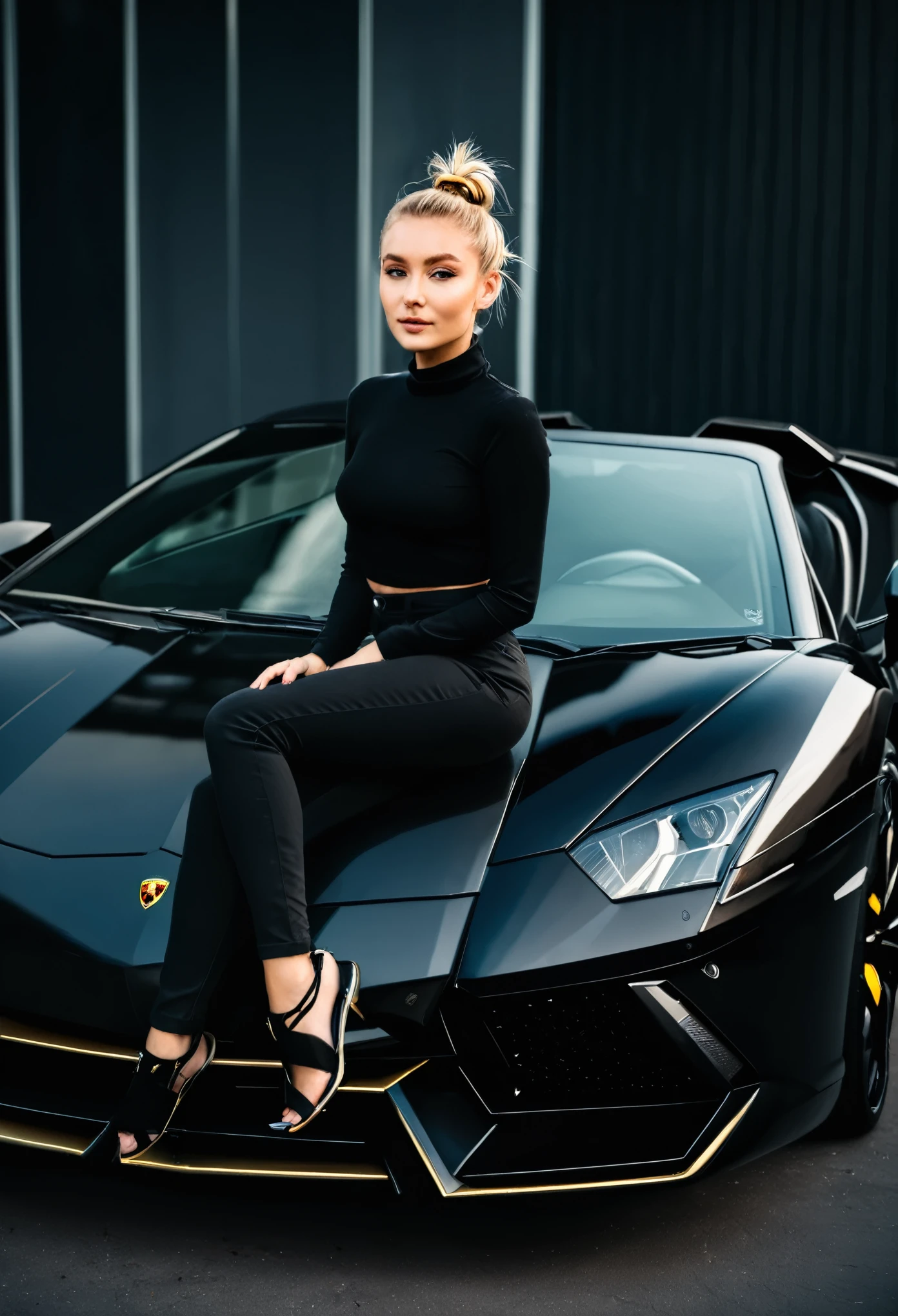 an eye contact of a blond with bun hair and dark theme , sit on Lamborghini car black car , stylish pose