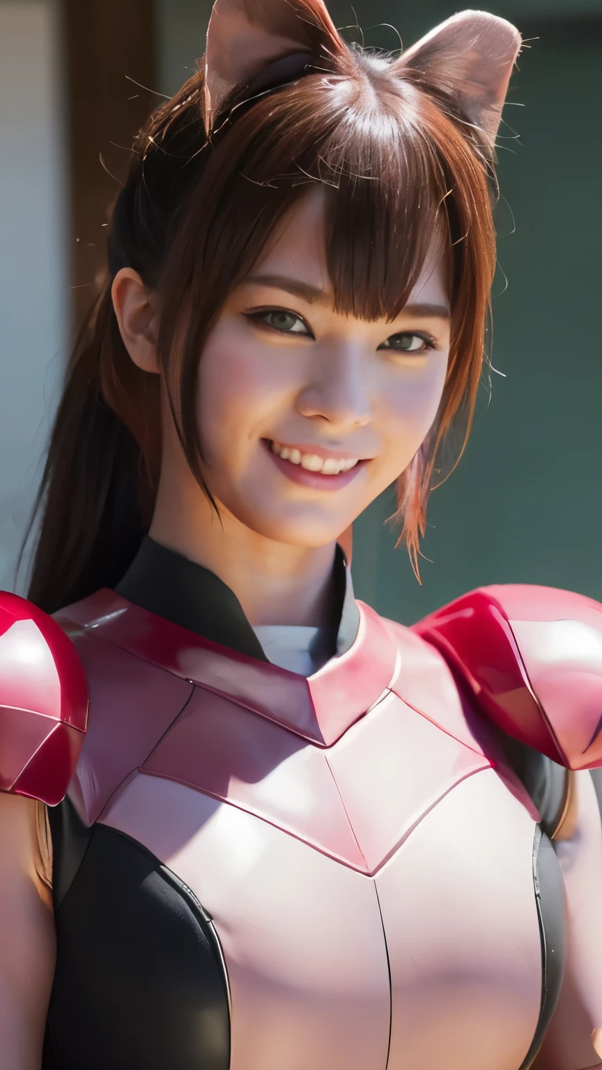 （super highest quality、In 8K、Masseter muscle area、Delicate illustrations、Upper Body:1.5）,Wearing dark pink and white metallic armor:1.5、A beautiful and attractive 25-year-old Japanese woman、Plump body、Big Breasts:1.5,Black hair ponytail、smile