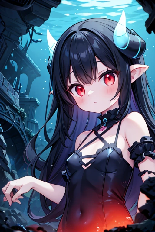 Abyss girl, underwater, depths, deep sea alien girl, cute, black hair, horns, glowing red eyes, LED clothing, underwater ruins.