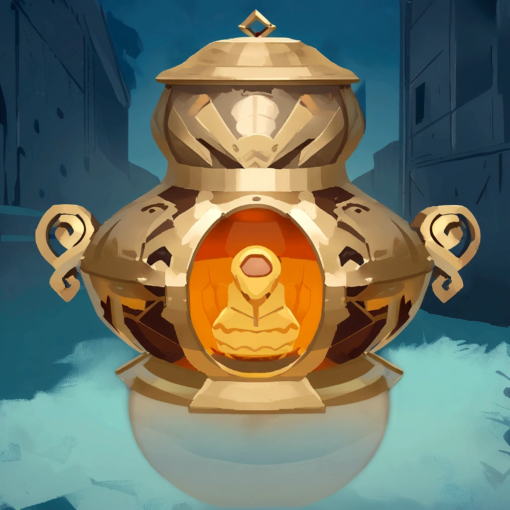 there is a cartoon image of a gold urn with a question mark, stylized game art, stylized concept art, item art, art of wlop and greg rutkowski, polycount contest winner, object concept art, hyperdetailed scp artifact jar, game asset, ancient symbol behind it, dim lantern, rendered art, game icon stylized, loot box,Alchemy furnace,