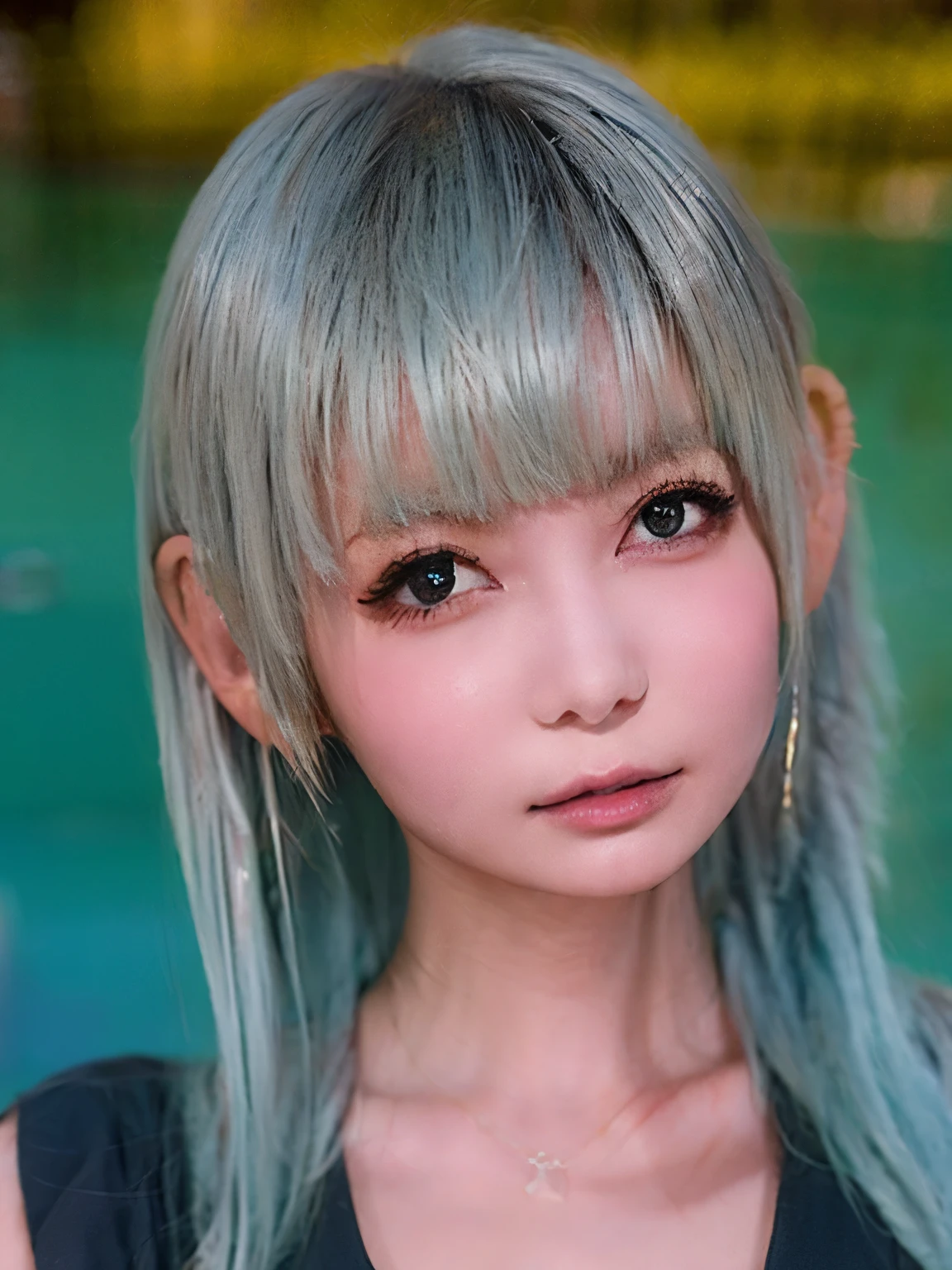 Blonde woman with blue eyes and black top poses for photo, Perfect android girl, Blonde hair and big eyes, Similar to Britney Spears, Portrait of a Japanese gal, Kerli Coif as an anime girl, Sexy face with full makeup, Silver Haired Girl, Pointed face and grey eyes, サイボーグ - Silver Haired Girl, Just a Skydoll, Silver Eyes
