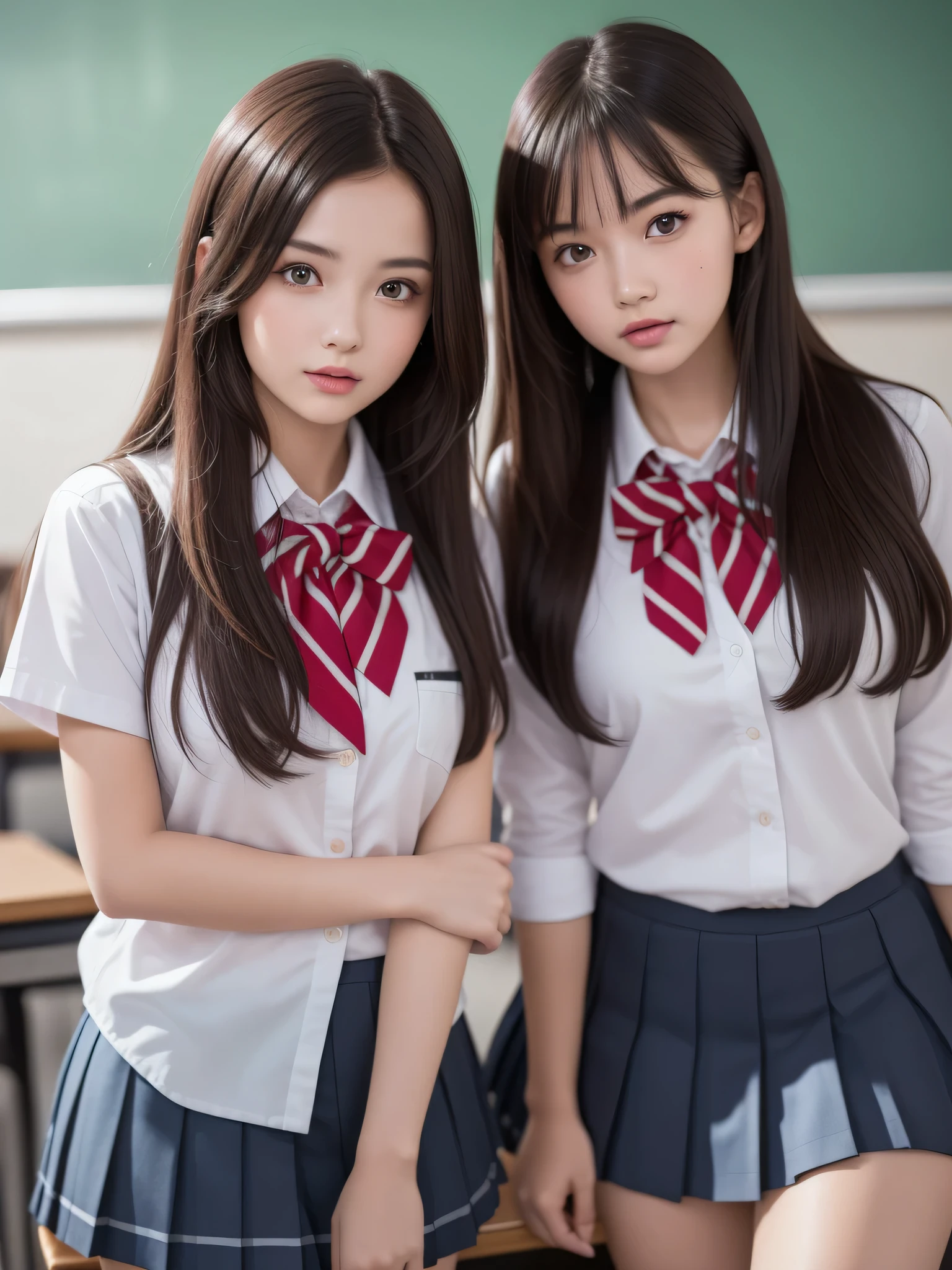 (2girl), (highly detailed Beautiful face), Amazing face and eyes, (Best Quality:1.4), (Ultra-detailed), (extremely detailed CG unified 8k wallpaper), Highly detailed, High-definition raw color photos, Professional Photography, Realistic portrait, Amazing face and eyes, Pink eyes, (hi-school uniform, pleated mini skirt:1.3), brown hair, model, depth of fields, School, classroom,