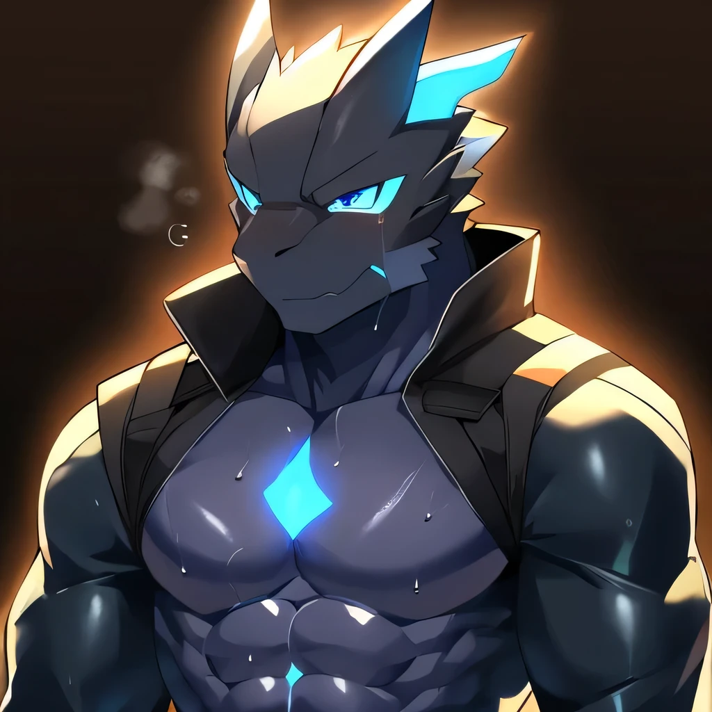 Thin macho western black dragon abs Hollow abs body suit thick arms chest rig 、sweaty skin glow profile Wearily short of breath Chemo shota Thick chest have a blue eyes Tired look Glowing abs Deep abdominals jacket profile