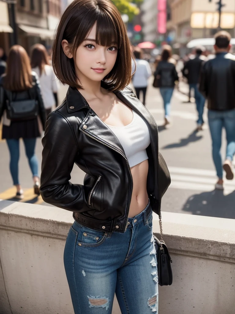 top-quality、1girl in,Korea person、A dark-haired、Shorthair、Narrow-eyed、A smile、Black jacket、White bra、huge tit:1.1,Putting out the navel、Open chest、Denim shorts、Thin leg:1.3、Standing position、View here、Angle from diagonally above、natta、城市、A road without people、Background blur
