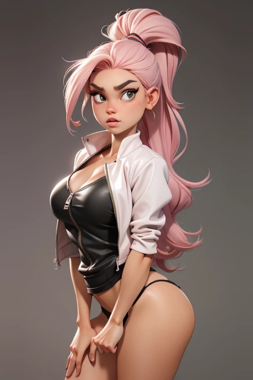 a  girl of under-average height with long pink hair which she mostly keeps in two pony tails on each side of her head. Her hair also has two thin, long bangs at the sides, two thin strands of hair over the left side of her forehead, and a spiky larger portion of hair covering the right side of her forehead. She has fierce orange eyes and furrowed eyebrows. She also as a visible pointed tooth that appears at times in the right side of her mouth. Her physique is slender, she has bikini model sized breasts. she wears a white jacket with the zipper positioned below her breasts and underneath a black tank top, and a green miniskirt.