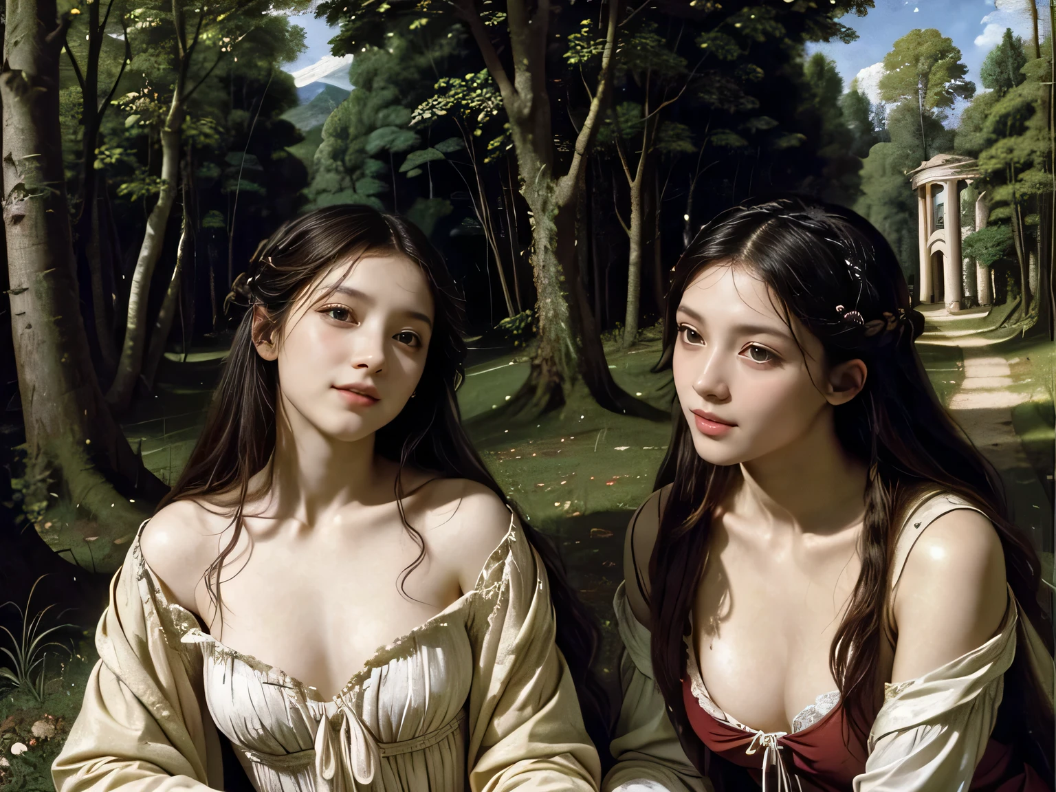 Giorgione painting style,Barbizon forest A beautiful woman in Greek dress smiles on the shore,Sweet and seductive appearance.、Caravaggio's paintings、Chiaroscuro of Caravaggio、hair tousled by the wind,Two women frolicking,cute smile, expression of ecstasy,Sexy,erotic, full body portrait