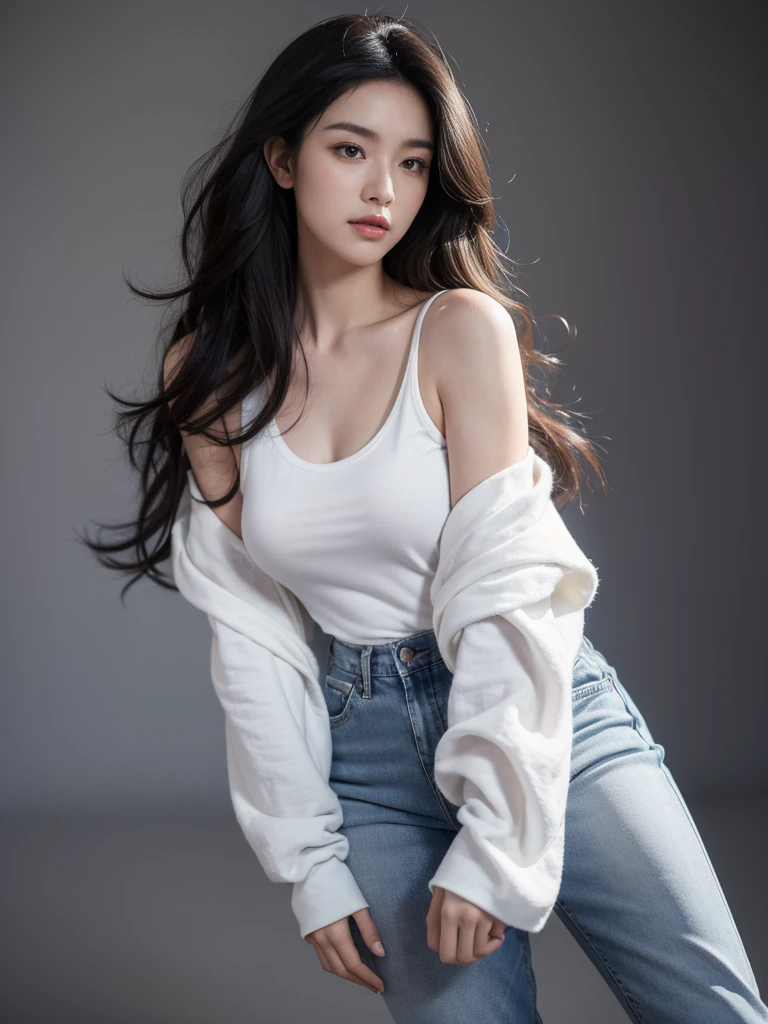 Best quality, masterpiece, ultra high res, (photorealistic:1.5), raw photo, 1girl, offshoulder, in the dark, deep shadow, low key, cold light, sexy look, black hair, midium wavy hair,big chest , model photo, girl looks straight at camera, in a photoshoot place, face is straight towards camera, white shirt with baggy jeans. A full-body image of a person standing upright, from head to toes. The person has a neutral expression and is wearing casual clothes. The background is simple and unadorned, focusing on the individual's full posture and appearance. The lighting is even and natural, emphasizing the person's stance from head to toes.
