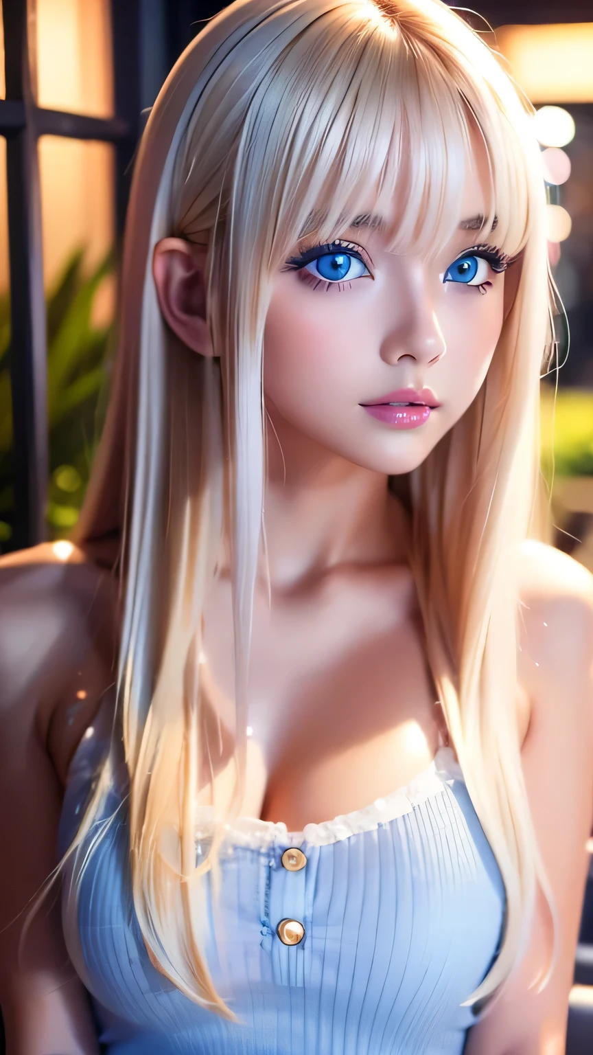Platinum blonde fine hair、Long Straight Hair、Face and eye bangs、Big blue eyes、Transparent white and wet nightgown、Nordic youth、Perfect body、White Muscle、Shiny skin、Young and beautiful skin、Perfect beautiful little face、Bright makeup、Pale pink lips、Bright expression、1. -yeld giButtonless shirt、lipstick、Deceptive advertising、{steams}、Viewer Vision、Golden Hour Lighting、Bokeh Atmosphere Perspective、detailed、Movie Light、Intricate details、High resolution、Detailed features of the face design、detailed、Clear Focus、Smoothness、aesthetics、printing、Octane、masterpiece、{{}}