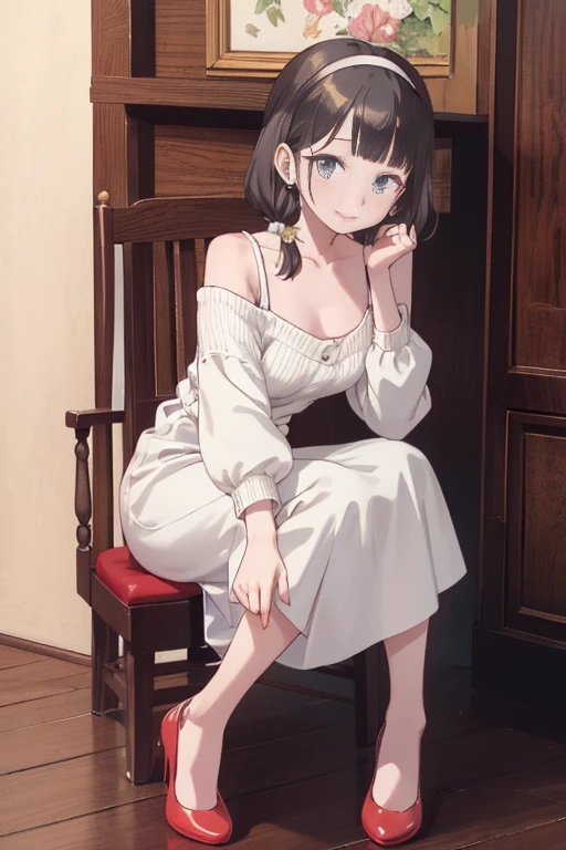 (((Masterpiece))),(((Super Detail))),(((in 8K))),(((best composition))),(((Rim lighting,Fireglow effect,deep shadow))),solo,(Hatsune Miku:1.0),Beautiful fingers,Detailed finger features,(Detailed hair features:1.7),(Dynamic and sexy bending pose:1.3),detailed facial features,detailed clothes features, (perky chest:1.1), (pointed chest:1.3), delicate beautiful face, Bright blue eyes, cute eyes, sparkling eyes, Big eyes, beautiful detailed eyes,double bun with glittering hair ornament,(super detailed glossy skin:1.3),slender body,(small breasts:1.2), (perky chest:1.2),goddess smile,((with sparkling eyes and a contagious smile)),beautiful posture,have a cup of coffee,black hair, green eyes, dress, bare shoulders, jewelry, collarbone, sidelocks, hairband, earrings, indoors, off shoulder, sweater, arms behind back, plant, short hair with long locks, white hairband, off-shoulder dress, sweater dress, off-shoulder sweater, red sweater, big side hair, very long side hair,seductive cleavage:1.1,beautiful glossy legs,shiny red high heels,lifting dishes with cakesd,in a french restaurant,hustle and bustle,rising steam of a coffee,looking at viewer,