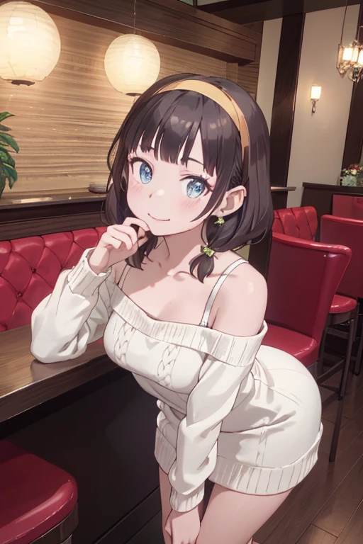 (((Masterpiece))),(((Super Detail))),(((in 8K))),(((best composition))),(((Rim lighting,Fireglow effect,deep shadow))),solo,(Hatsune Miku:1.0),Beautiful fingers,Detailed finger features,(Detailed hair features:1.7),(Dynamic and sexy bending pose:1.3),detailed facial features,detailed clothes features, (perky chest:1.1), (pointed chest:1.3), delicate beautiful face, Bright blue eyes, cute eyes, sparkling eyes, Big eyes, beautiful detailed eyes,double bun with glittering hair ornament,(super detailed glossy skin:1.3),slender body,(small breasts:1.2), (perky chest:1.2),goddess smile,((with sparkling eyes and a contagious smile)),beautiful posture,have a cup of coffee,black hair, green eyes, dress, bare shoulders, jewelry, collarbone, sidelocks, hairband, earrings, indoors, off shoulder, sweater, arms behind back, plant, short hair with long locks, white hairband, off-shoulder dress, sweater dress, off-shoulder sweater, red sweater, big side hair, very long side hair,seductive cleavage:1.1,beautiful glossy legs,shiny red high heels,lifting dishes with cakesd,in a french restaurant,hustle and bustle,rising steam of a coffee,looking at viewer,
