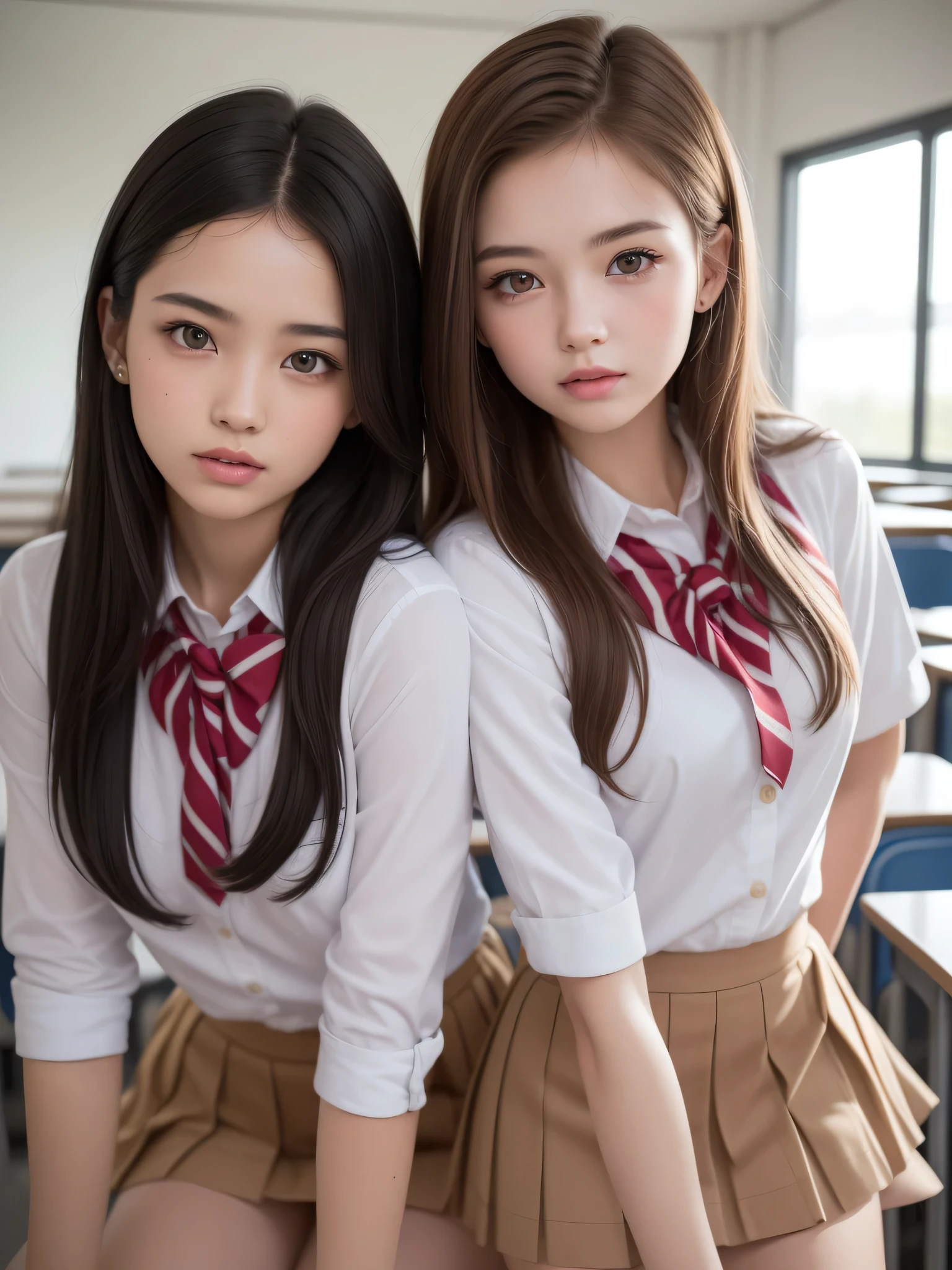(2girl), (highly detailed Beautiful face), Amazing face and eyes, (Best Quality:1.4), (Ultra-detailed), (extremely detailed CG unified 8k wallpaper), Highly detailed, High-definition raw color photos, Professional Photography, Realistic portrait, Amazing face and eyes, Pink eyes, (hi-school uniform, pleated mini skirt:1.3), brown hair, model, depth of fields, School, classroom,