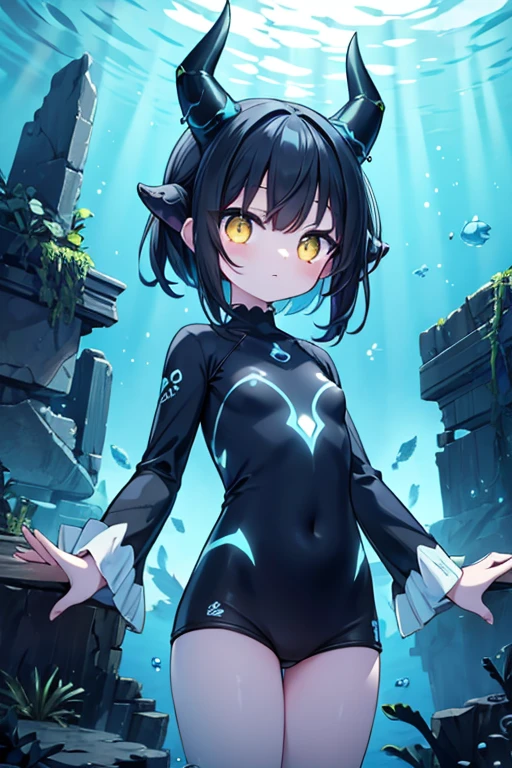 Abyss girl, underwater, depths, deep sea alien girl, cute, black hair, horns, glowing yellow eyes, LED clothing, underwater ruins.