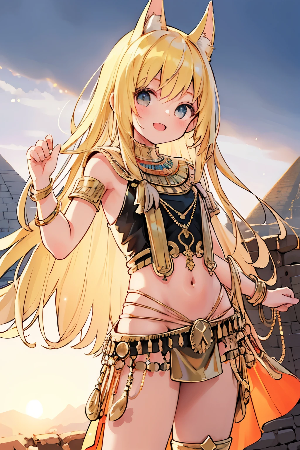 a young girl visiting the egyptian pyramids, smiling, adventurous style, energetic, highly detailed, photorealistic, 8k, hyperrealistic, extremely detailed, cinematic lighting, warm color tones, dramatic shadows, ornate jewelry, intricate clothing details, confident pose, dynamic composition, golden hour lighting, volumetric fog, atmospheric haze