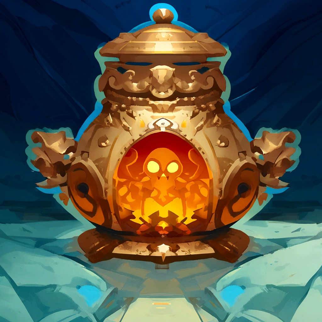 there is a cartoon image of a gold urn with a question mark, stylized game art, stylized concept art, item art, art of wlop and greg rutkowski, polycount contest winner, object concept art, hyperdetailed scp artifact jar, game asset, ancient symbol behind it, dim lantern, rendered art, game icon stylized, loot box,Alchemy furnace,Chinese style,