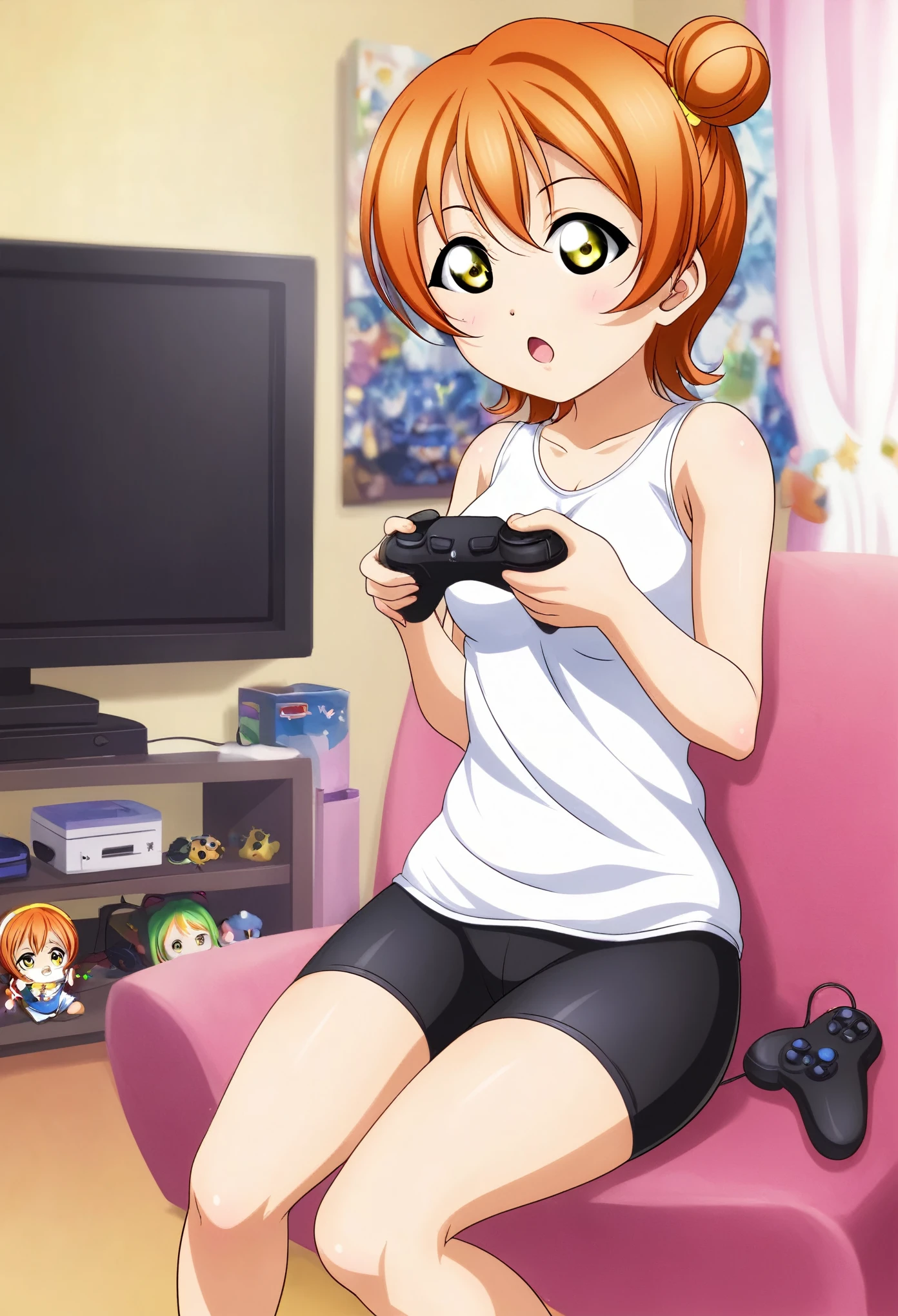 Masterpiece, best quality,Hoshizora rin,solo ,yellow eyes, short hair,orange hair, White Top,Bike shorts, sitting, hair_bun, chibi,  controller, television, game_controller, playing_games, game_console, video_game ,love live style