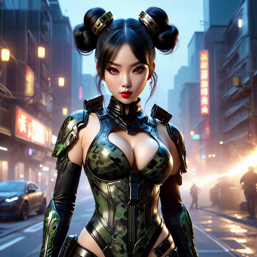 Beautiful Asian woman, (large breasts: 1.4), (black hair in two buns: 1.5), (no hair back: 1.4), (latex bodysuit with night camo pattern: 1.4) and (night camo makeup: 1.5), holding an assault rifle in hand, against a night cityscape, dark background, full body portrait, master of Fang Zhongshu, immortal, (highest quality, 4k, 8k, high resolution, masterpiece: 1.2), ultra detailed, (realistic, photorealistic: 1.37), HDR, studio lighting, extremely detailed, vibrant colors, cinematic lighting